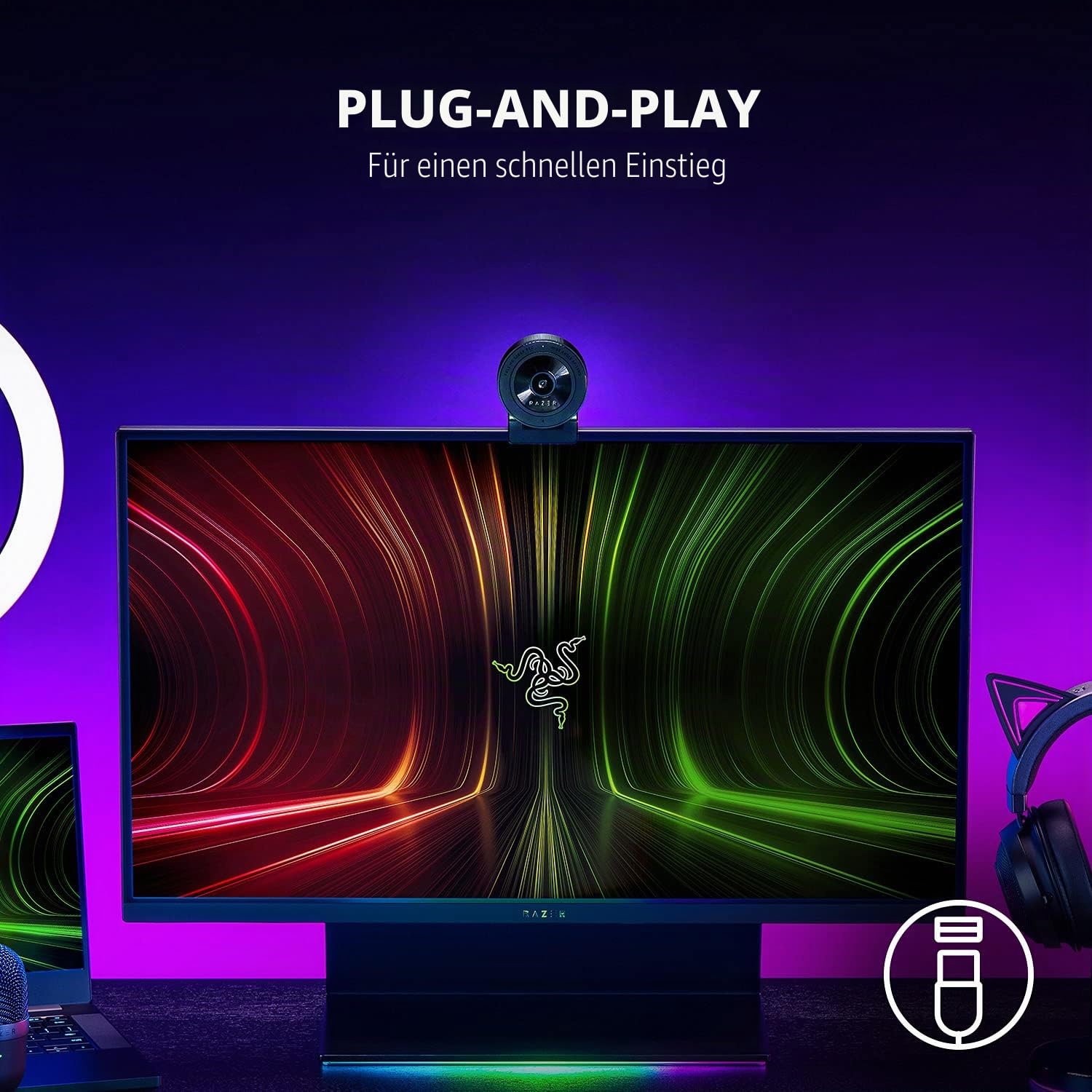Razer Kiyo X - USB-Webcam für Streaming in Full-HD (1080p 30 FPS oder 720p 60 FPS, Autofokus, Plug + Play, vollständig anpassbare Einstellungen, flexibel zu befestigen) Schwarz