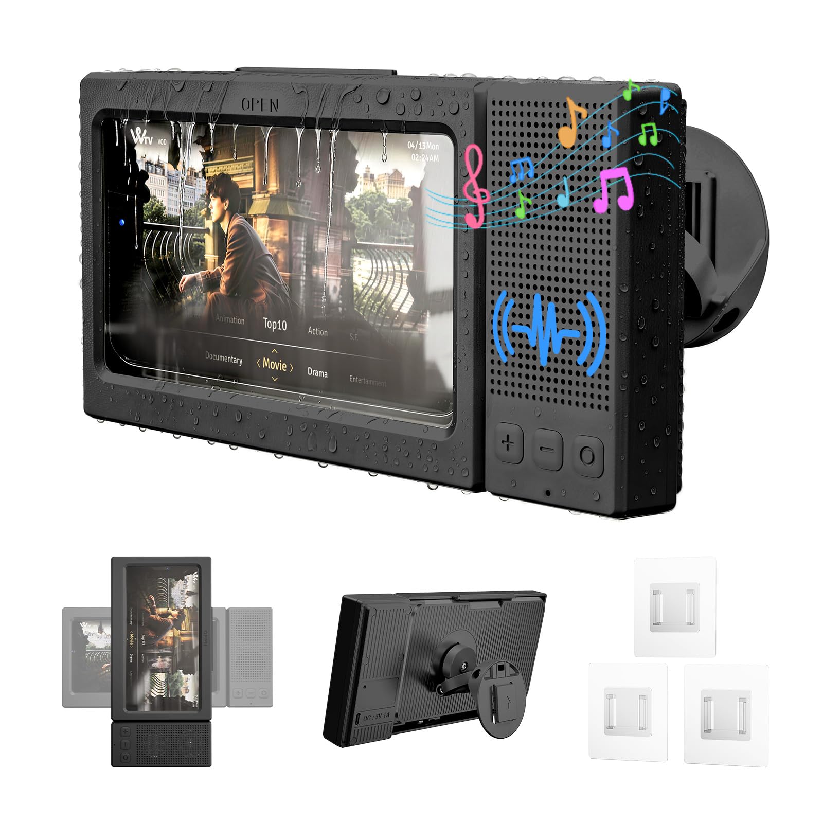 Soporte para teléfono de ducha impermeable con altavoz Bluetooth dual, funda giratoria de 360°, soporte de pared antivaho para espejo de baño, bañera y cocina, se adapta a iPhone 17, 16, S26U de 4 a 7