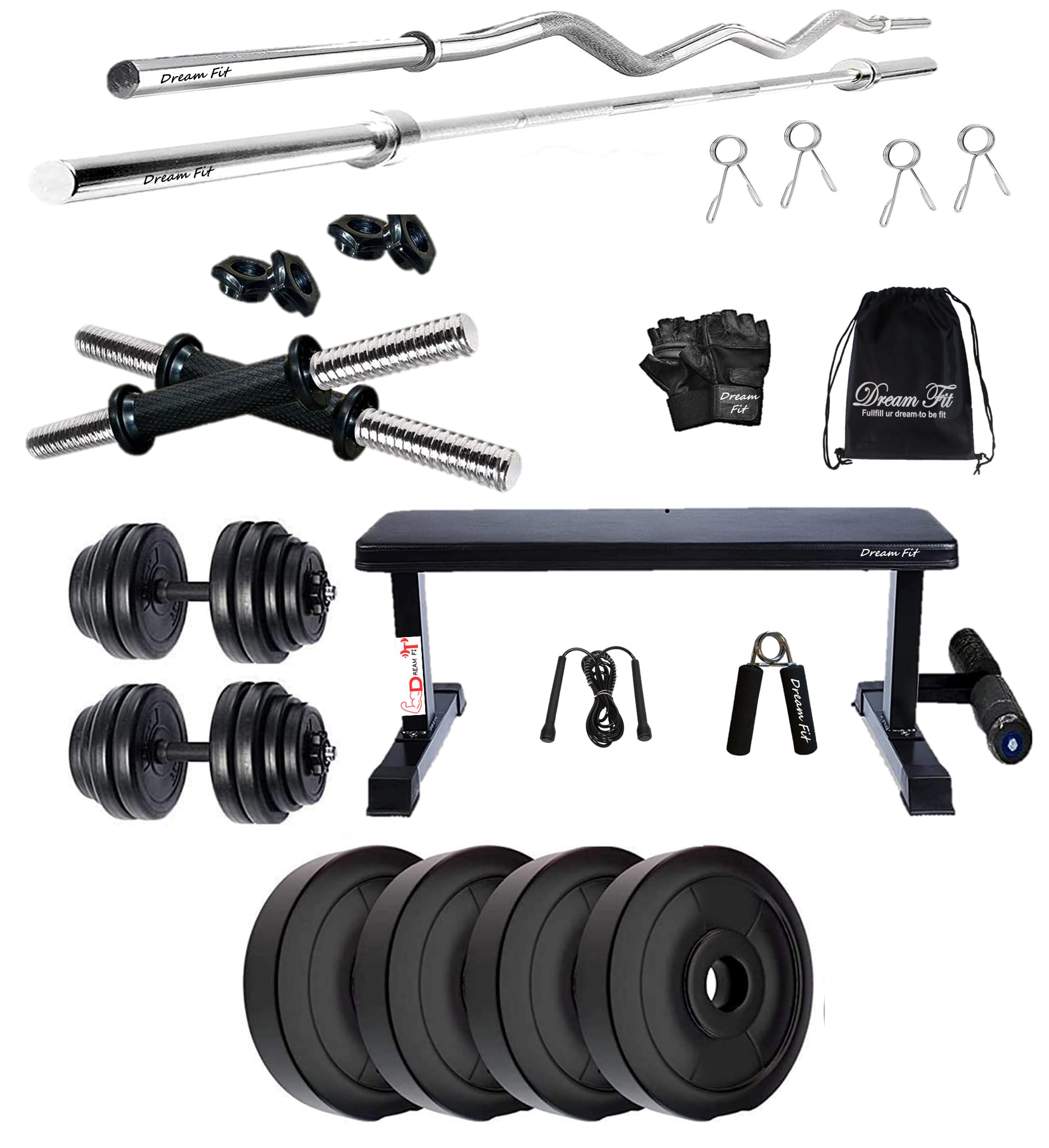 DREAM FIT PVC Home Gym Set - 12 kg with flat bench with foot extension, 3 ft curling rod, 3 ft straight rod, 1 pair dumbbell rods and gym accessories (12kg) (B0CNWCZJQF) Amazon Price History, Amazon Price Tracker