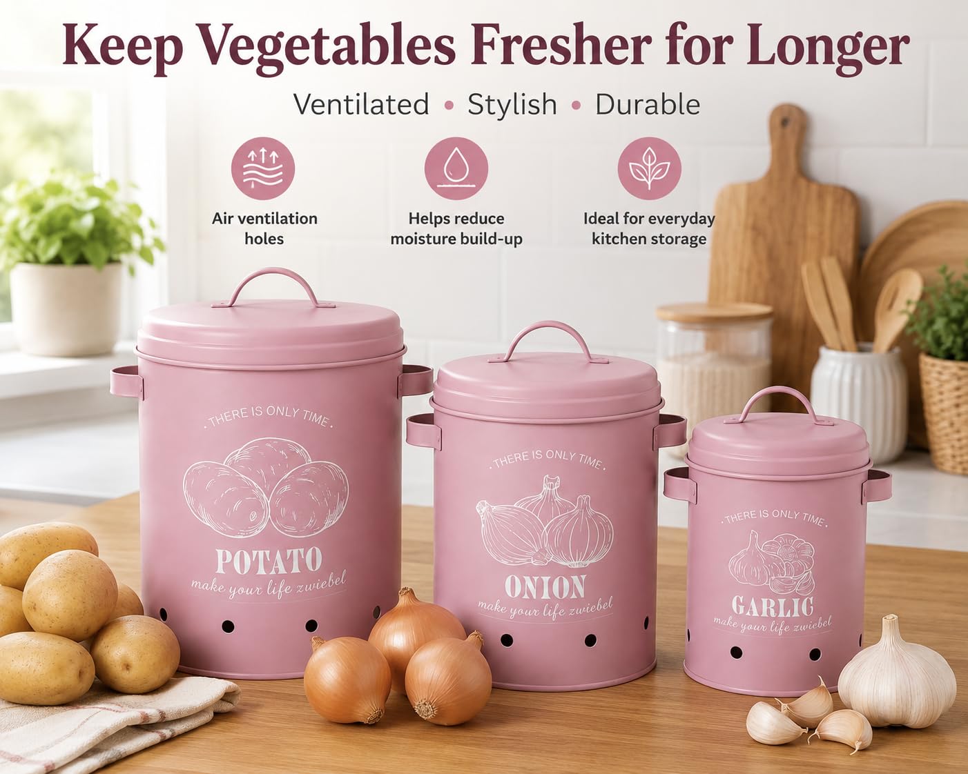 JRose Collections 3 Stück Küche Vorratsdosen Set Verzinkte Eisen Kartoffel Zwiebel Knoblauch Vorratsdosen mit belüfteten Löchern und Deckeln Metall Gemüse Vorratsdosen Rosa