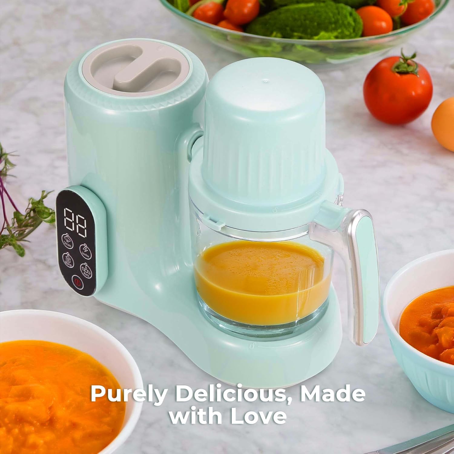 Baby Food Maker with Steaming Basket, Puree Blender Grinder Mills Machine,Auto Cooking & Grinding, Touch Screen Control,Warm Bottle Sanitizer, Green