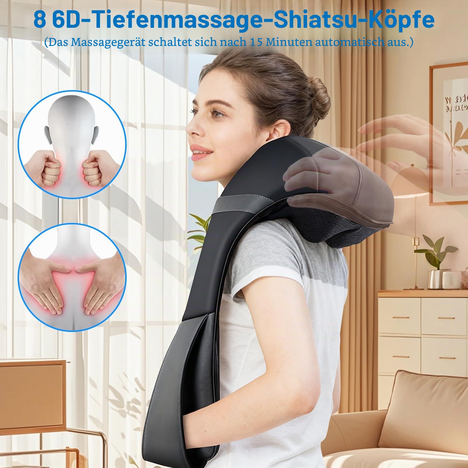Nacken und Rückenmassagegerät, Muskelschmerzen lindern, Elektrisches Akupressur Massagegerät, 3 Geschwindigkeiten 16 Massageköpfe 15 Minuten Timing, Tiefenmassagegerät mit Wärmetherapie Funktion