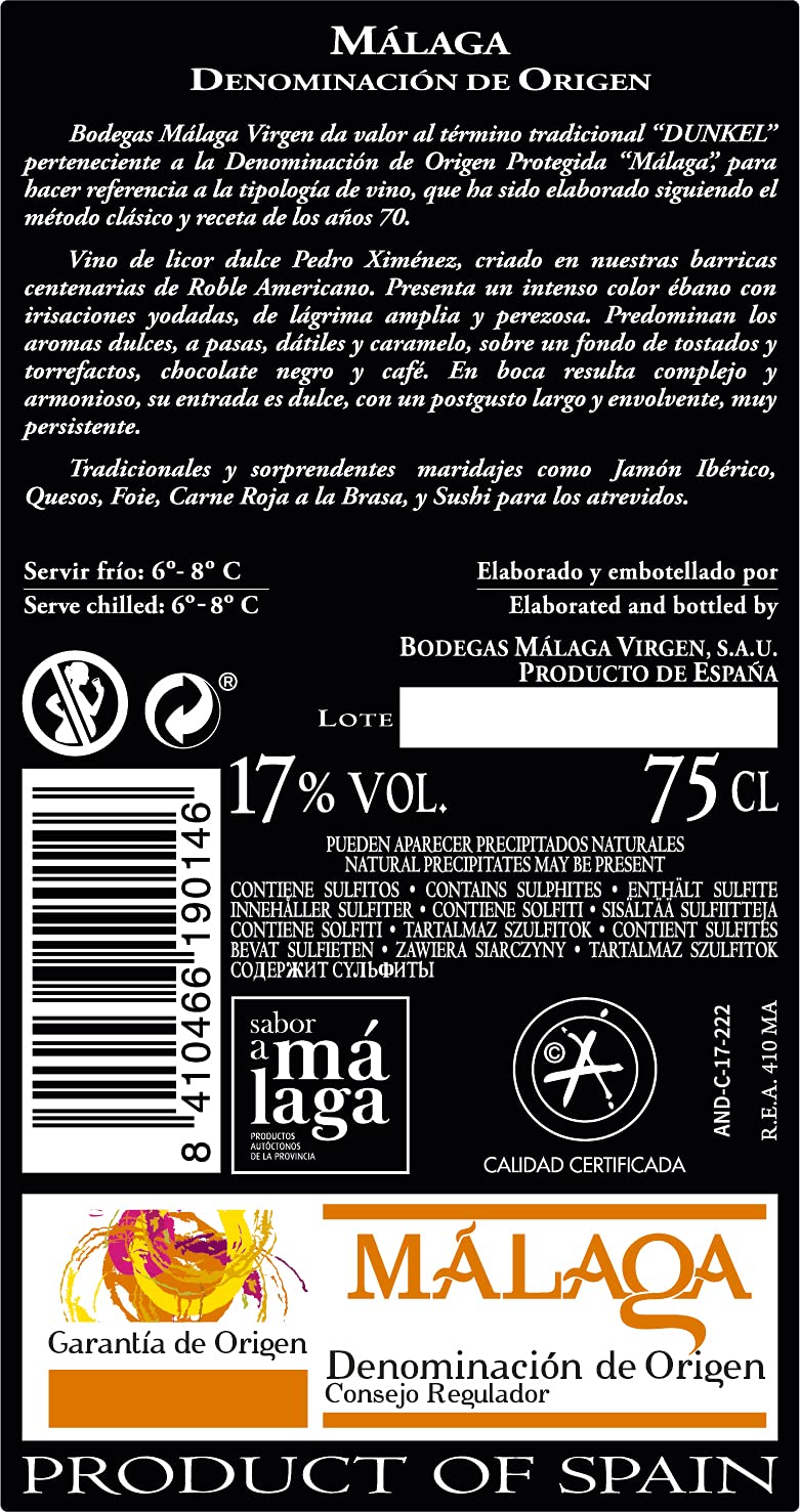 Málaga Virgen Dunkel 75cl - Süßer Likörwein D.O. "Málaga"