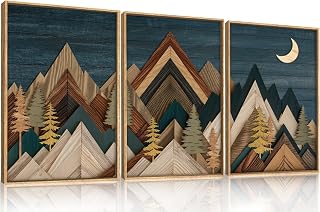 Mountain Woodcut Nature Framed Canvas Wall Art Set,Vintage Pine Tree Wall Decor, Country Wilderness Forest Wall Painting,Modern Navy blue Art Prints for Living Room,Bedroom,Farmhouse - 24"x36"x3