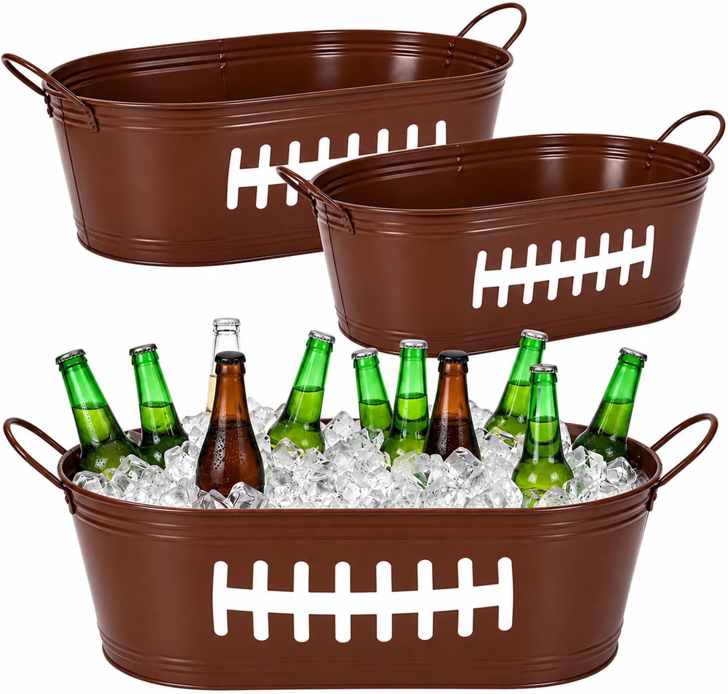meekoo 3 Pcs Football Ice Bucket Beverage Tub Set, 6 Gallons Extra Large Metal Drink Cooler Beverage Tub with Handles for Beer Soda Wine, Oval Party Ice Tubs for Football Party Decor