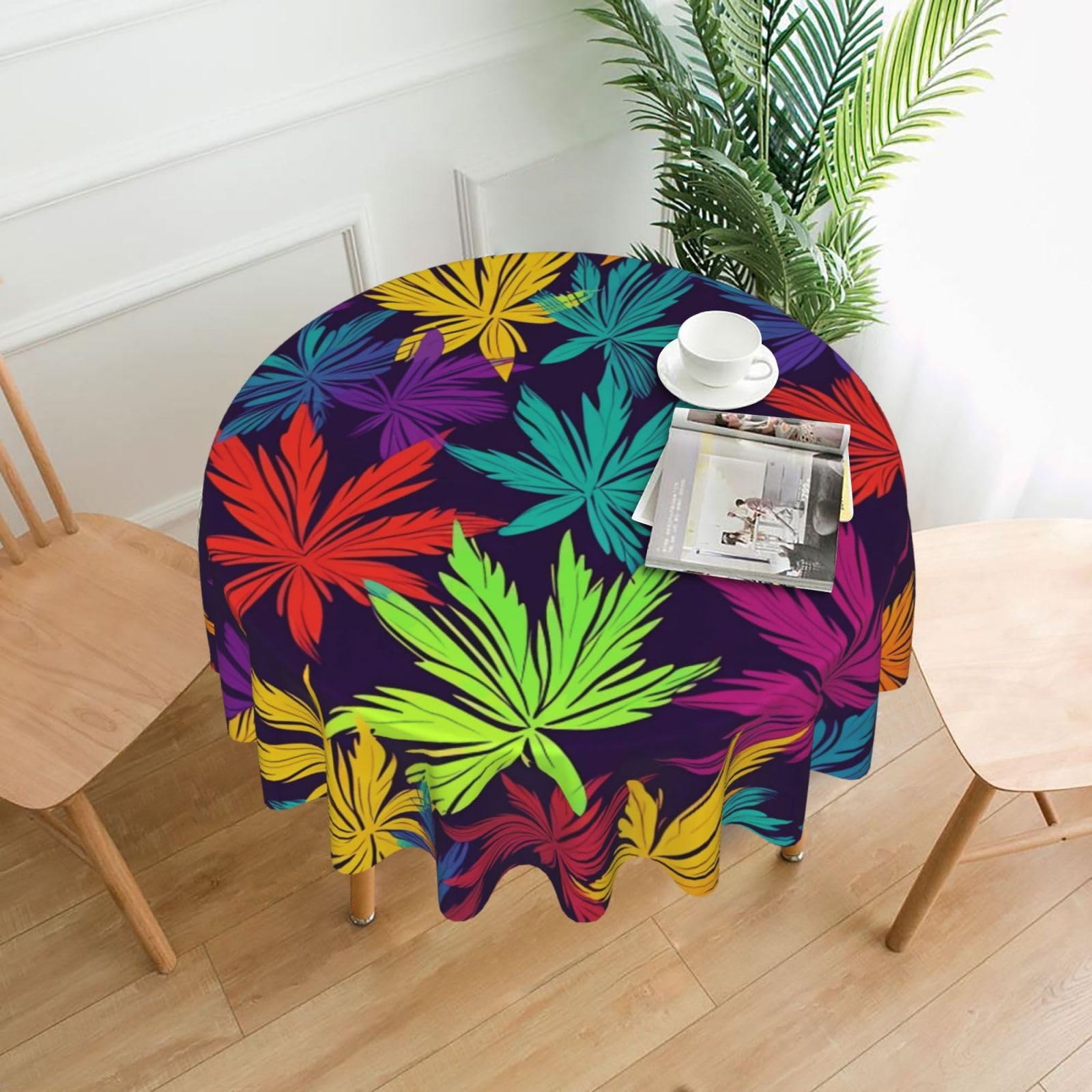 FodPand Bright Colorful Weed Pattern Tablecloths for Round Tables 60 Inch - Reusable Washable Dining Table Clothes - Stain and Wrinkle Resistant Decorative Fabric Table Cover for Wedding Party