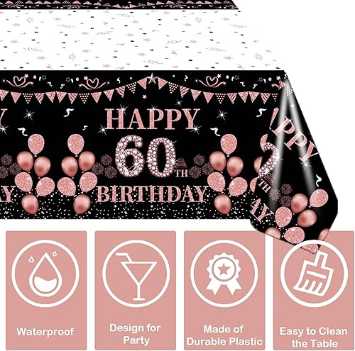 Miniatura 3 de Mantel de plástico desechable para cumpleaños 60, paquete de 3 manteles de 54 x 108 pulgadas, mantel rectangular impermeable para cumpleaños 60 años