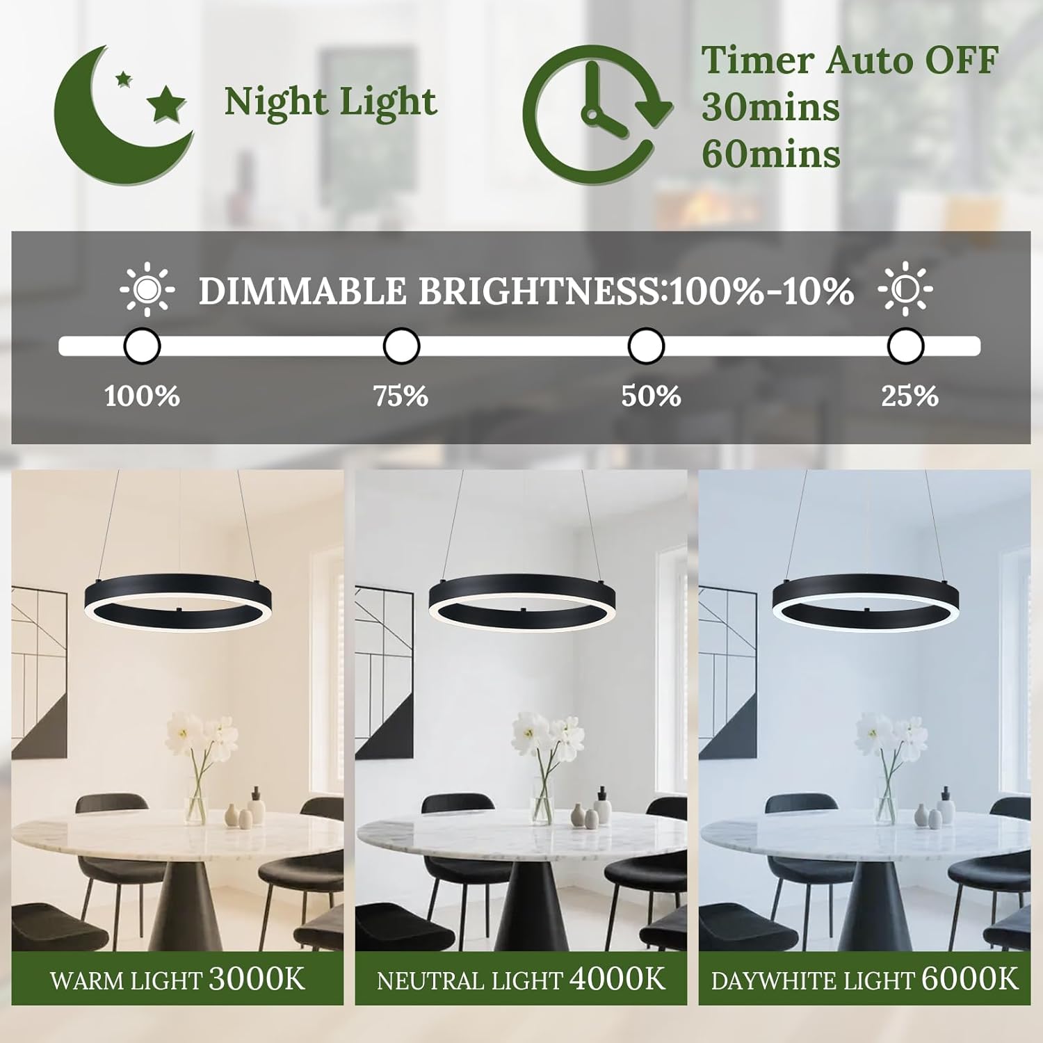 12in LED Ring Chandelier Black Modern Dimmable Pendant Light Height Adjustable Circular Hanging Ceiling Fixture for Kitchen Island Dining Table Entryway Sink