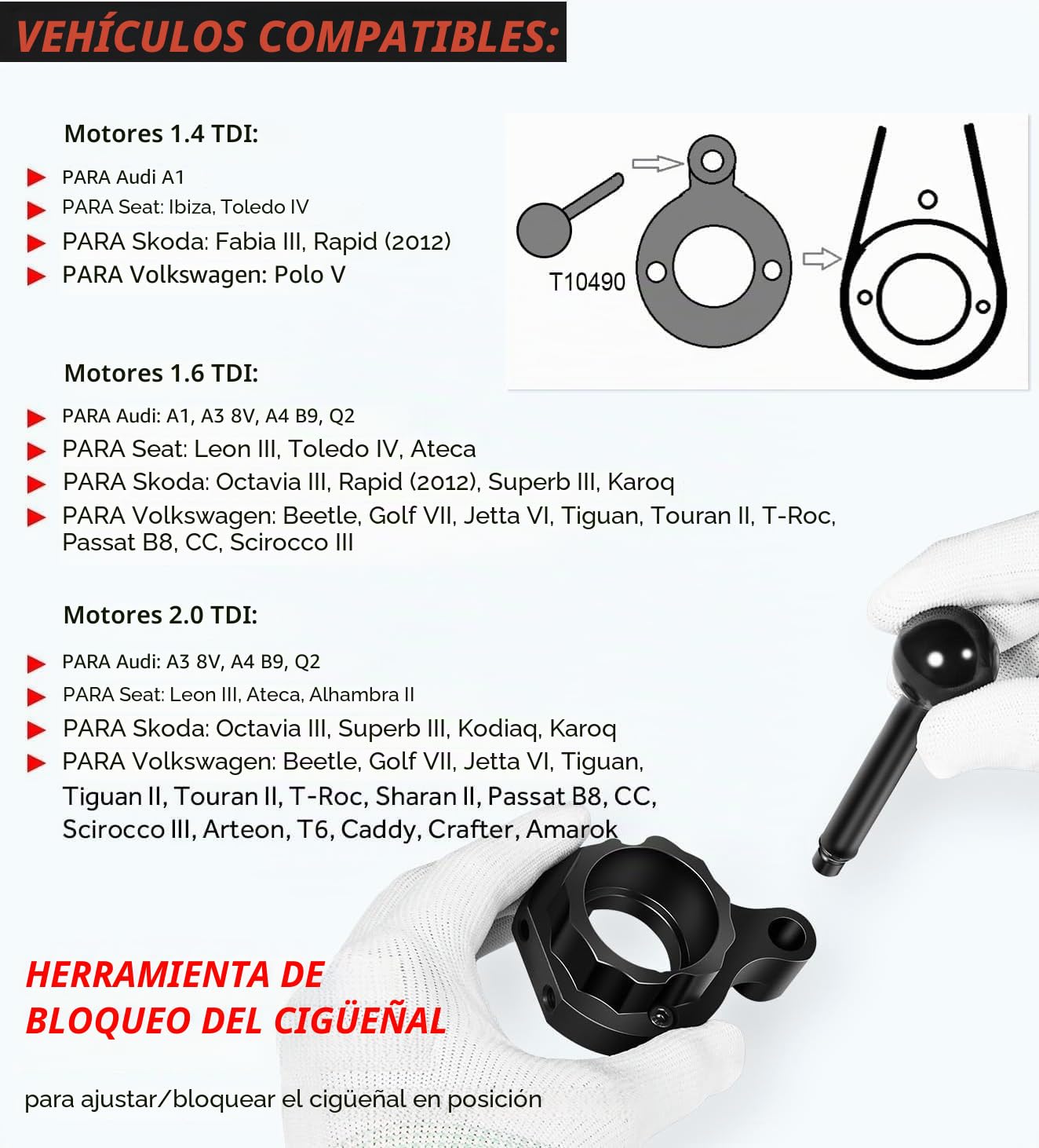 3830 Juego de herramientas para correa de distribución para VW/Audi TDI EA288 (CVCA/CRUA) - Incluye T10490, T10492, T10172, T10051, T3359
