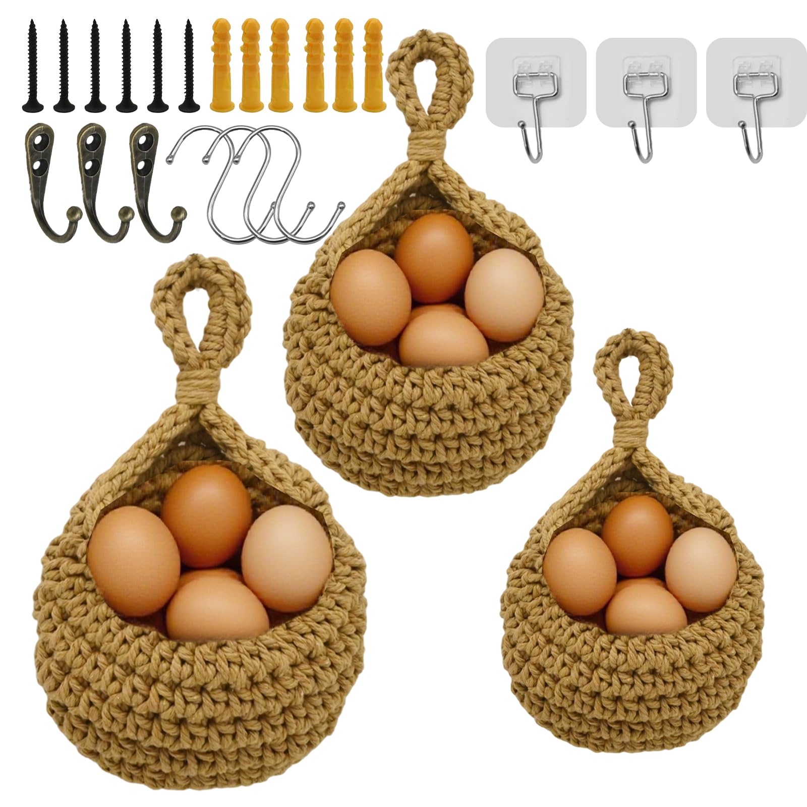 MospdyGear 3Pcs Hanging Fruit Basket, Hanging Vegetable Basket for Kitchen, for Fruit Vegetable Storage (Brown) (Large)