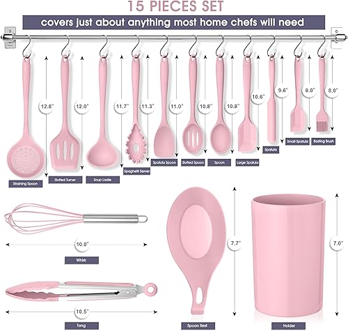 Miniatura 2 de E-far Juego de utensilios de cocina, 15 piezas de utensilios de cocina de silicona con soporte, utensilios de cocina antiadherentes y resistentes al