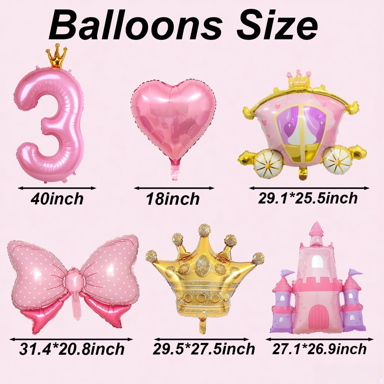6Pcs Princess Balloons Set 40inch Pink Crown 3 Balloon Castle Carriage Gold Crown Foil Balloons for 3rd Princess Birthday Party Decorations image 2