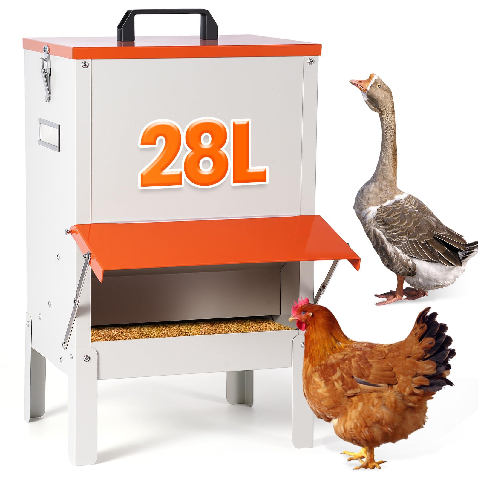 Alimentador automático de pollos colgante de metal de 30 libras, comedero para patos, para exteriores, grandes comederos para patitos al aire libre, sin residuos, alimentador automático para