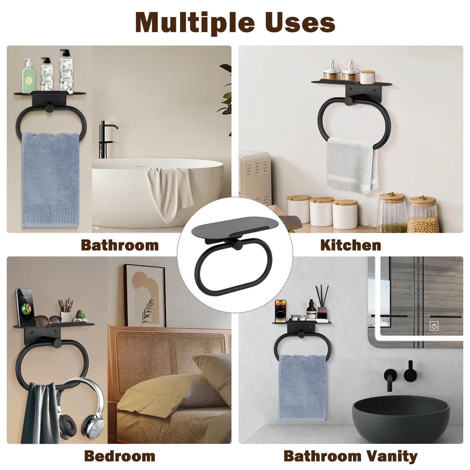 Stainless Steel Hand Towel Ring with Shelf - Matte Black -4 Stainless Steel Hand Towel Ring with Shelf - Matte Black -4