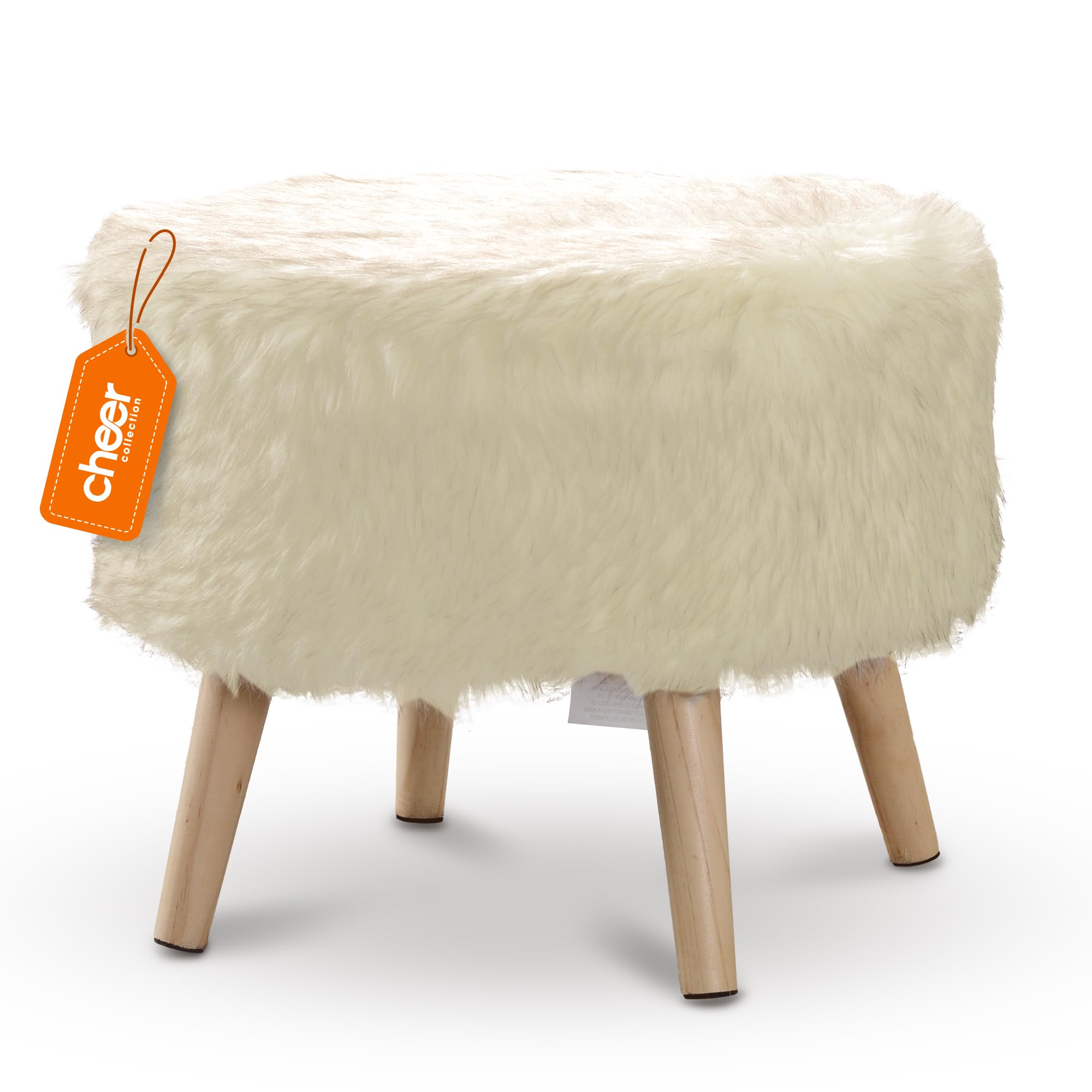 Cheer Collection Round Ottoman Footstool- Decorative Circle Ottoman Foot Rest for Living Room, Plush Round Ottoman Stool with Wooden Legs, Cozy Faux Fur Footstool Ottoman for Home Décor