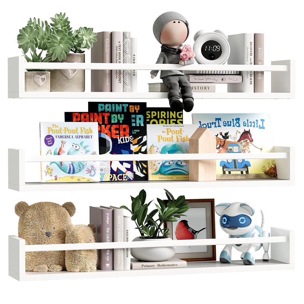 BAKAJI Set of 3 Wooden Wall Shelves, Multi-Purpose Wall Shelves and Protection Bar, Shelving for Bedroom, Living Room, Kitchen, Bathroom, Space-Saving Bookcase, 3 x 60 cm (White)