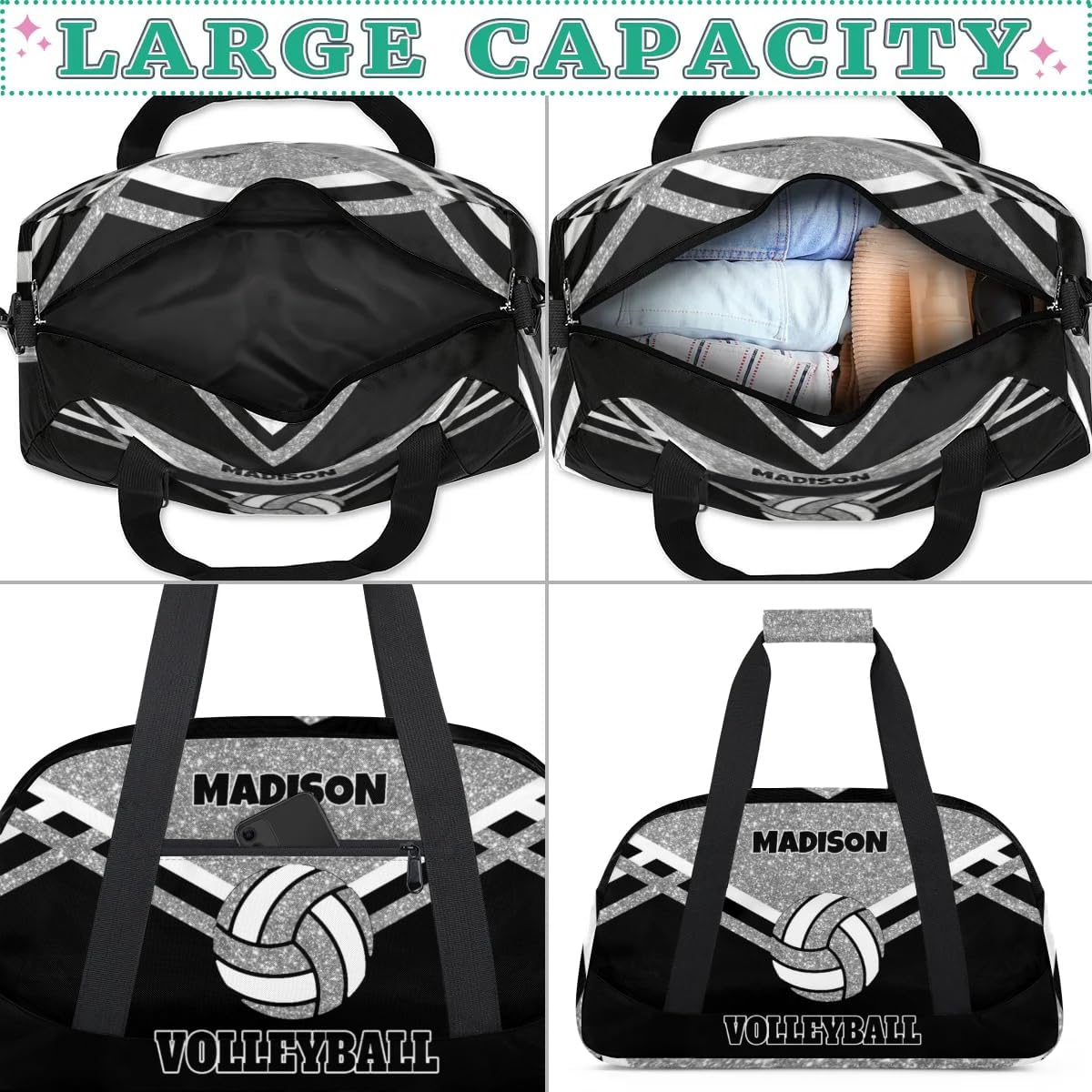 Custom Name Sports Volleyball Duffel Bag, Silver Black Glitters Personalized Sport Gym Duffel Cheerleading Bag Travel Weekender Tote Carry-On Bag