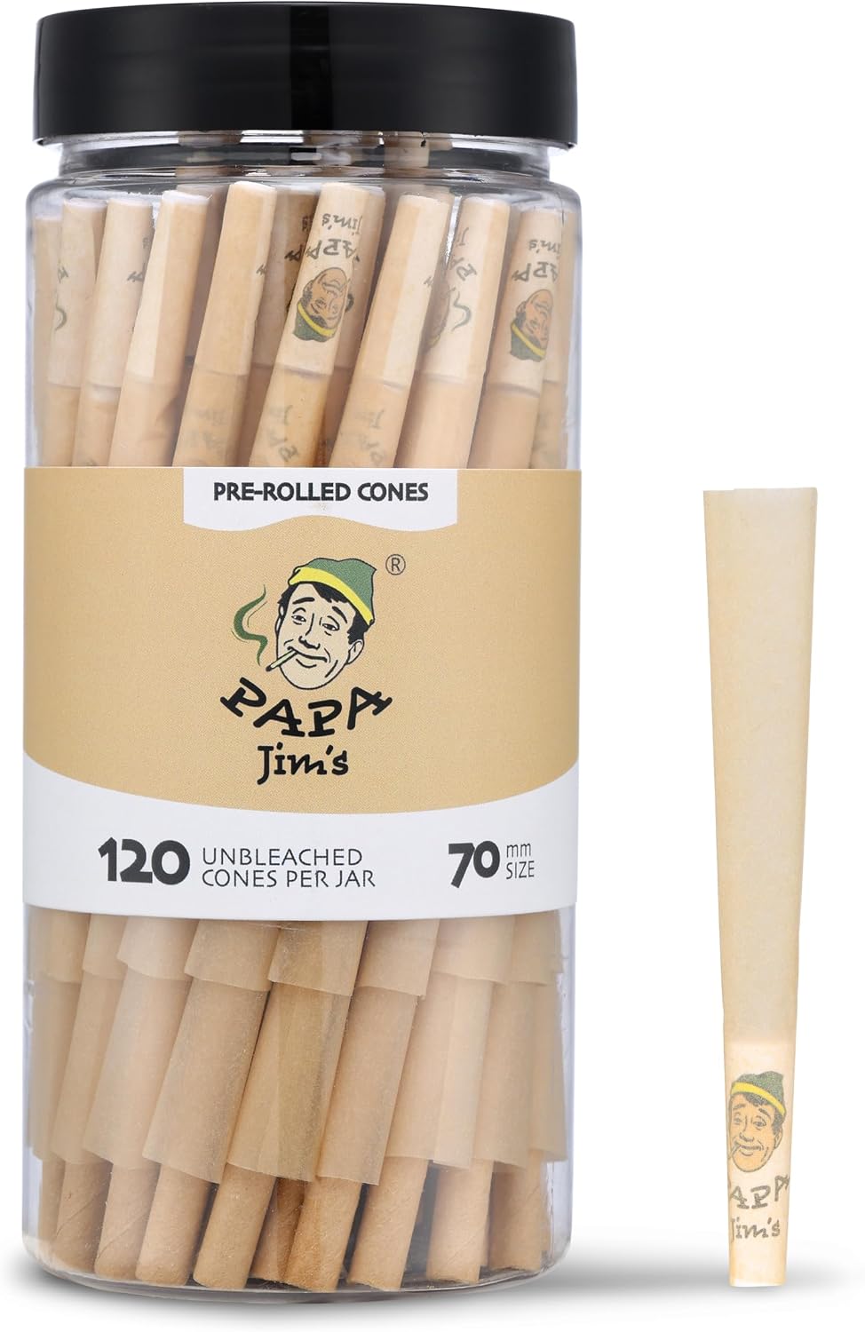 Papa Jim's Pre-Rolled Cones | 240 Cones Jar | 70mm DogWalker Size | Unbleached Classic | Finest paper from France | Includes Packing sticks and filters