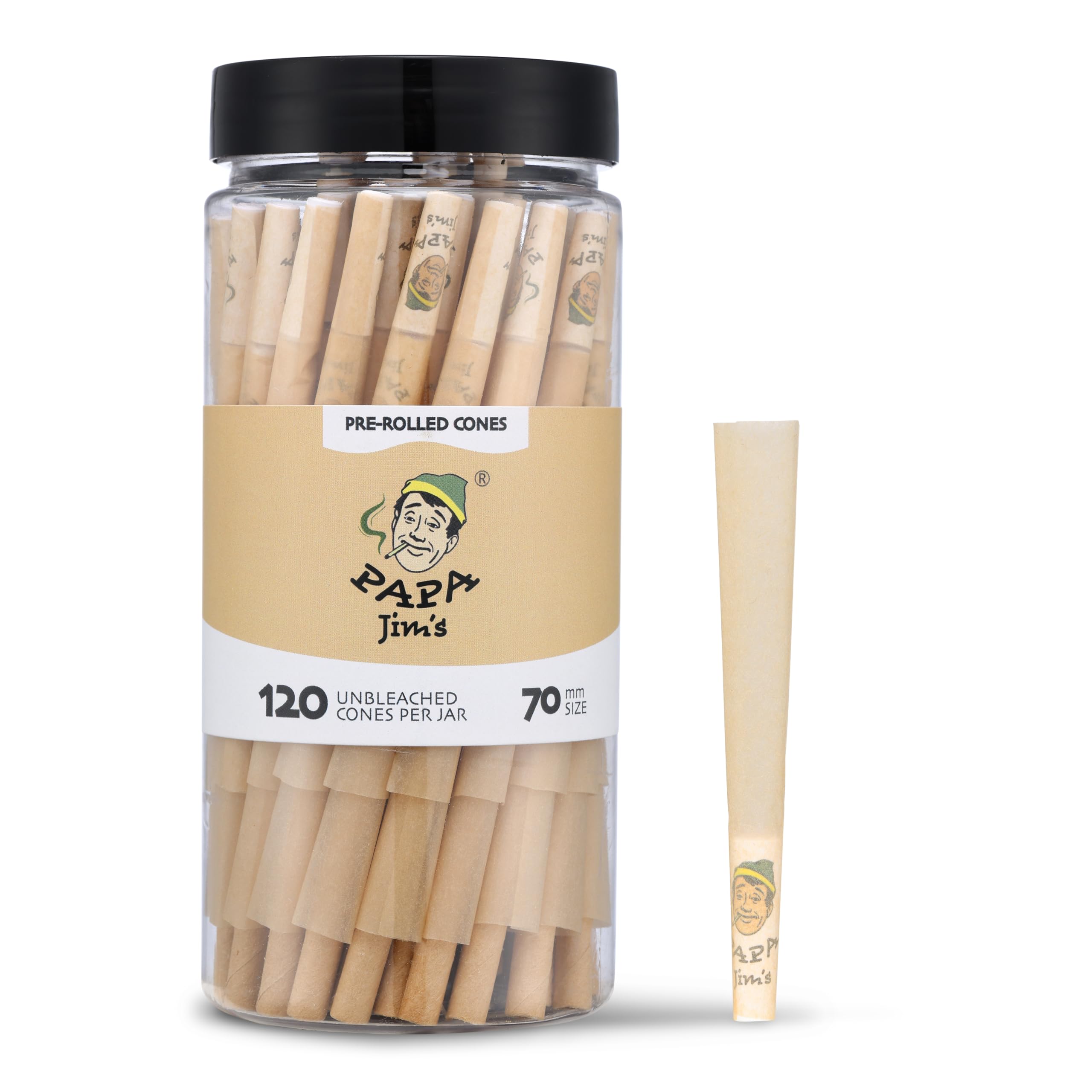 Pre-Rolled Cones | 120 Cones Jar | 70mm DogWalker Size | Unbleached Classic | Finest paper from France | Includes Packing sticks and filters
