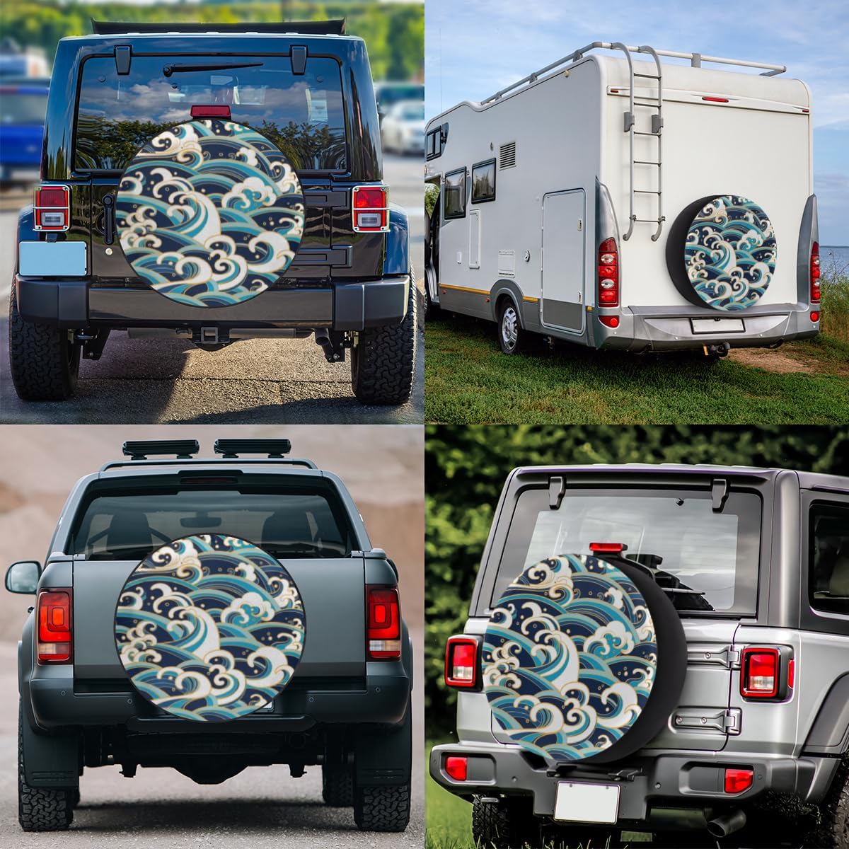 Sea Wave Tire Covers Portable Spare Tire Cover Soft Durable Waterproof Dustproof Set of 4 Bags 15 Inches for Car Truck SUV Trailer Camper