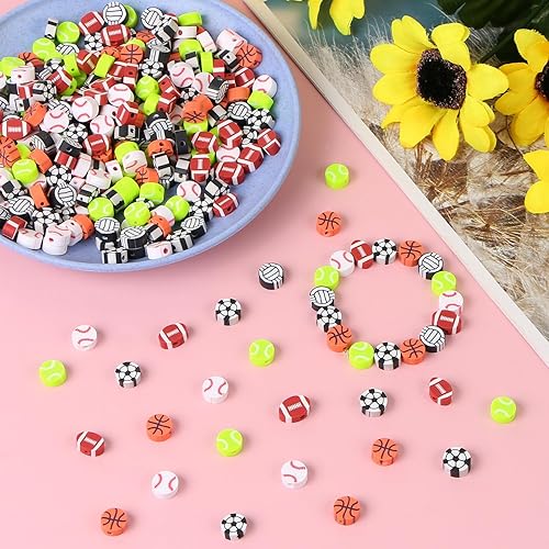 Miniatura 6 de EVERMARKET 300 cuentas de bolas deportivas de arcilla polimérica a granel, béisbol, fútbol, baloncesto, voleibol, rugby, tenis, cuentas para