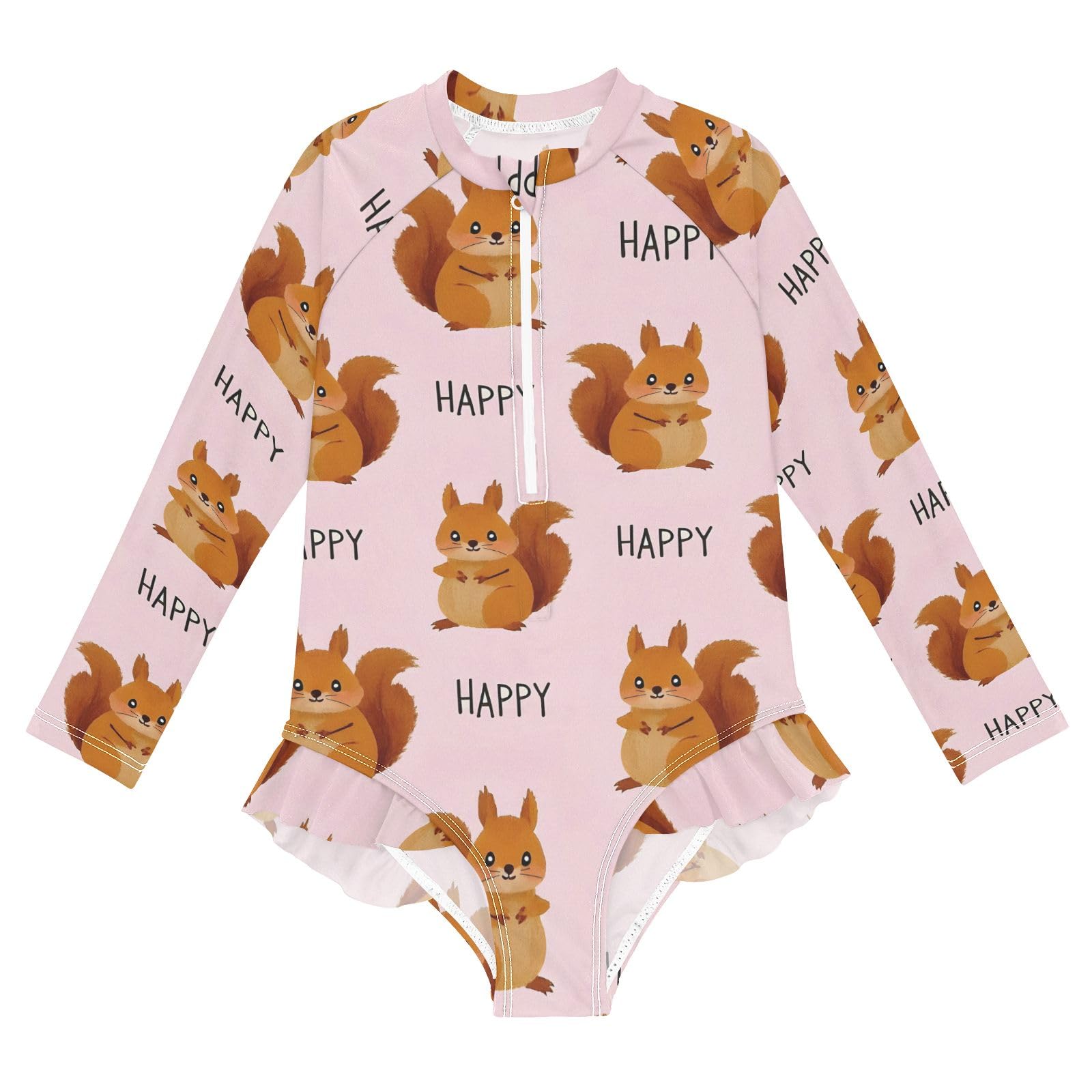 ALAZA Toddler Swimsuit Girl Bathing Suit Swimwear Rash Guard Cute Squirrel Happy Long Sleeve 3T
