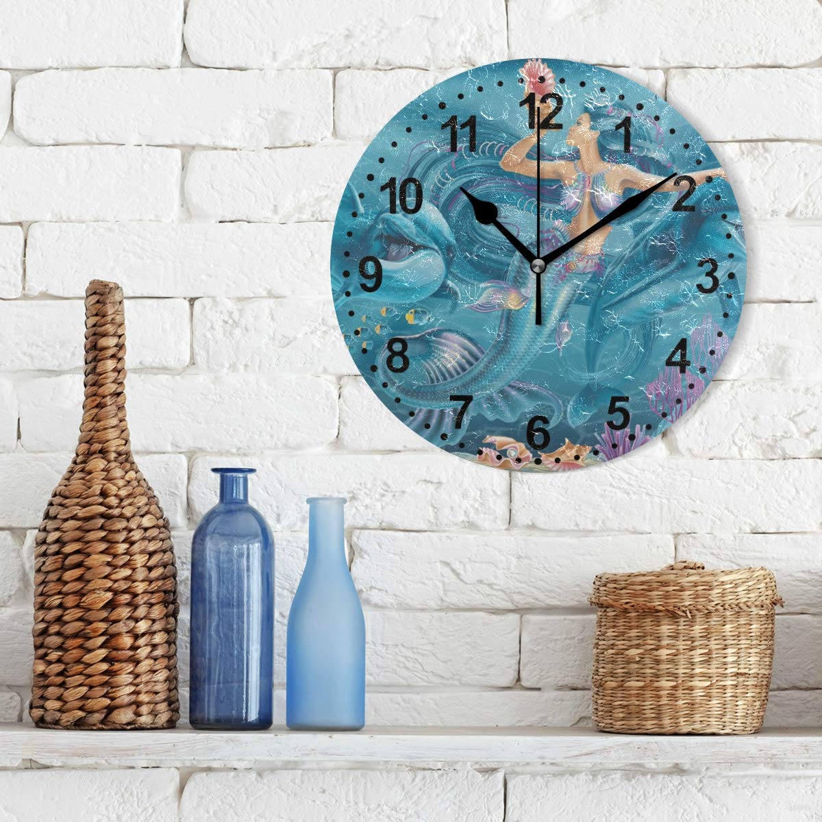 SUABO Clocks for Living Room Decor 9.5 inch Silent Non Ticking Bathroom Wall Clock (One Size, Mermaid and Dolphin)