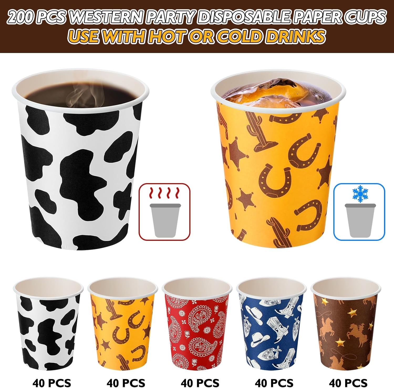 Yaomiao 200 Pcs Western Cowboy Party Disposable Paper Cups Bulk 9 oz Disposable Coffee Paper Cups for Western Cowboy Party Supplies(Cowboy)