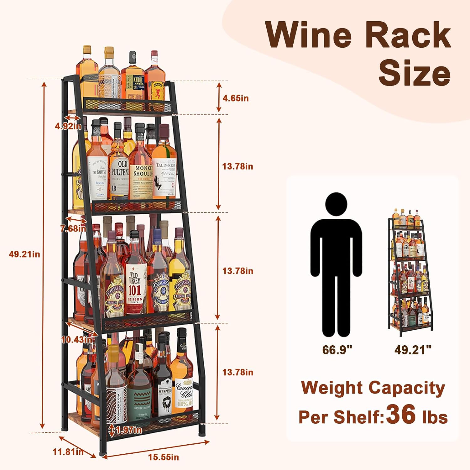 4-Tier Trapezoid Liquor Stand for Home Bar, Upgraded Taller Spacing Liquor Cabinet Fits 750ml & 1750ml Bottles, Large-Capacity Floor Wine Rack for Whiskey and Wine, Corner Display Shelf with Fences