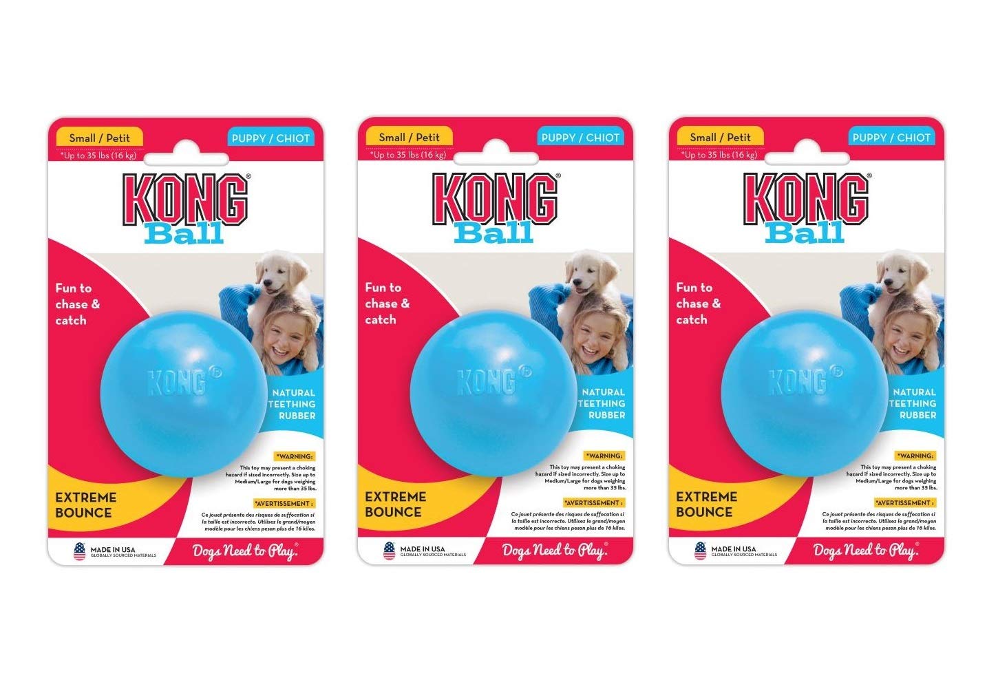 KONG 3 Pack of Puppy Balls, Small, Assorted Pink/Blue, Natural Teething Rubber Toy