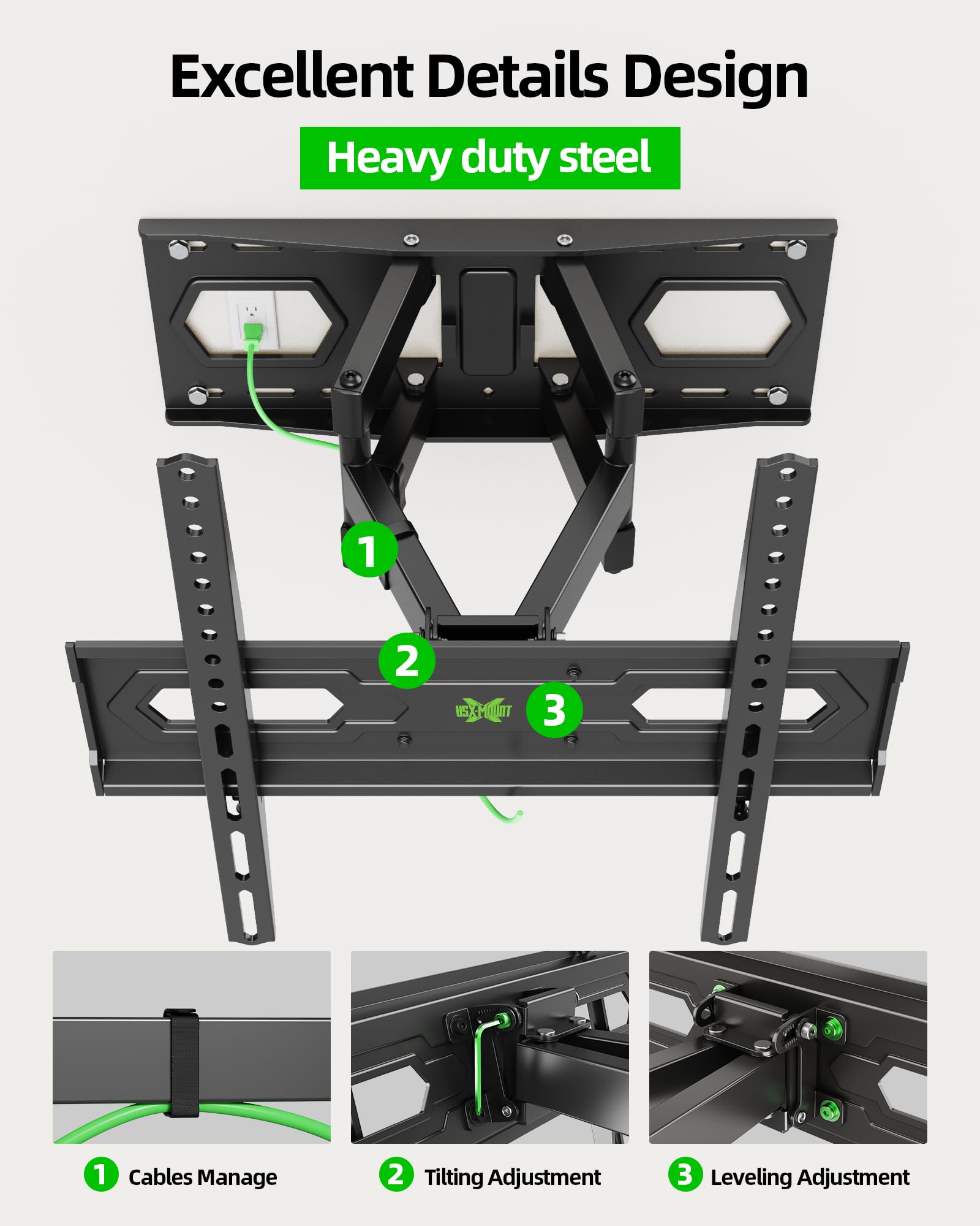USX MOUNT TV Wall Mount for 32-74 inch Flat Screen/LED/4K up to 110lbs, Full Motion TV Mount Bracket with Swivel & Tilt Articulating Dual Arms, Max VESA 400x400mm, Fits 12/16" Wood Studs — Amazon image 9