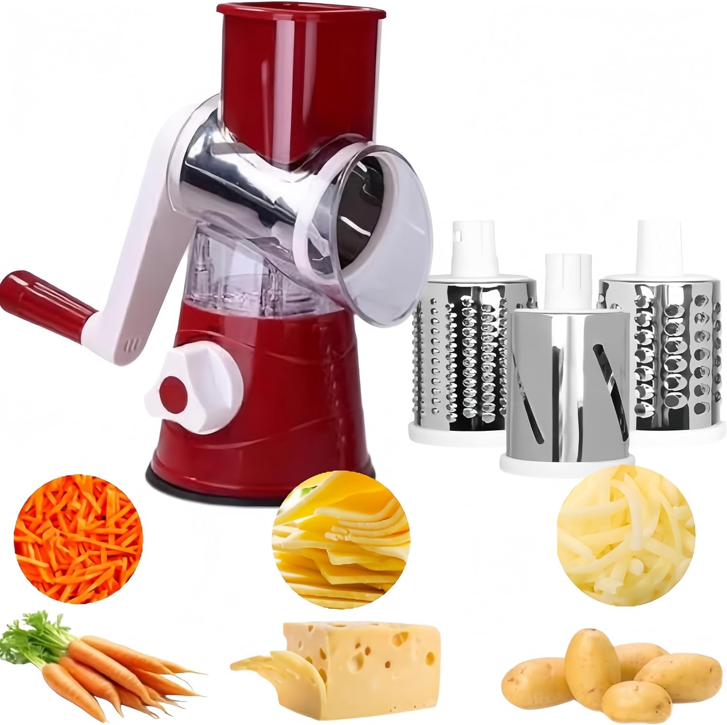 Hand Crank Cheese Grater BPA-Free Rotary Slicer with 3 Replaceable Blades Non slip Suction Base Round Mandoline Slicer