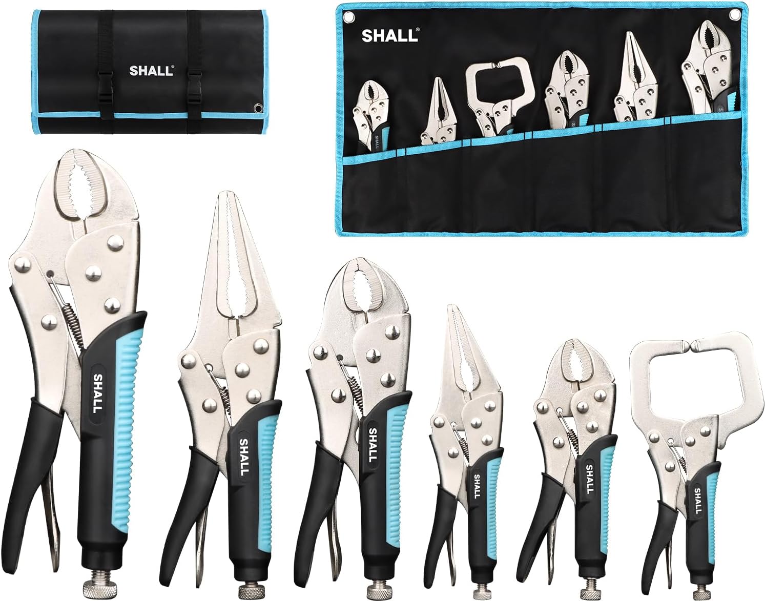 6-Piece Locking Pliers, Vice Grips Pliers Set, 5",7" & 10" Curved Jaw, 6-1/2" & 9-1/2 Long Nose Locking Pliers, 6" Locking C-Clamp, Two-Color TPR Handle, Roll Up Pouch Included