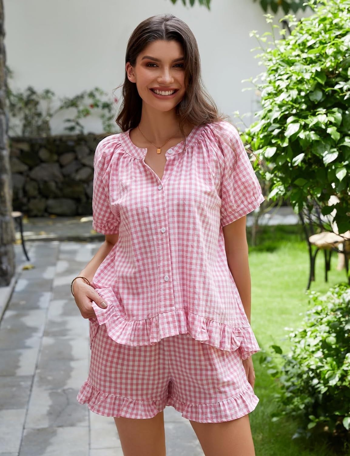 Flygo Womens Gingham Pajamas Set 2 Piece Cotton Pj Lounge Sets Puff Sleeve Ruffle Babydoll Shirt Shorts Summer Outfits