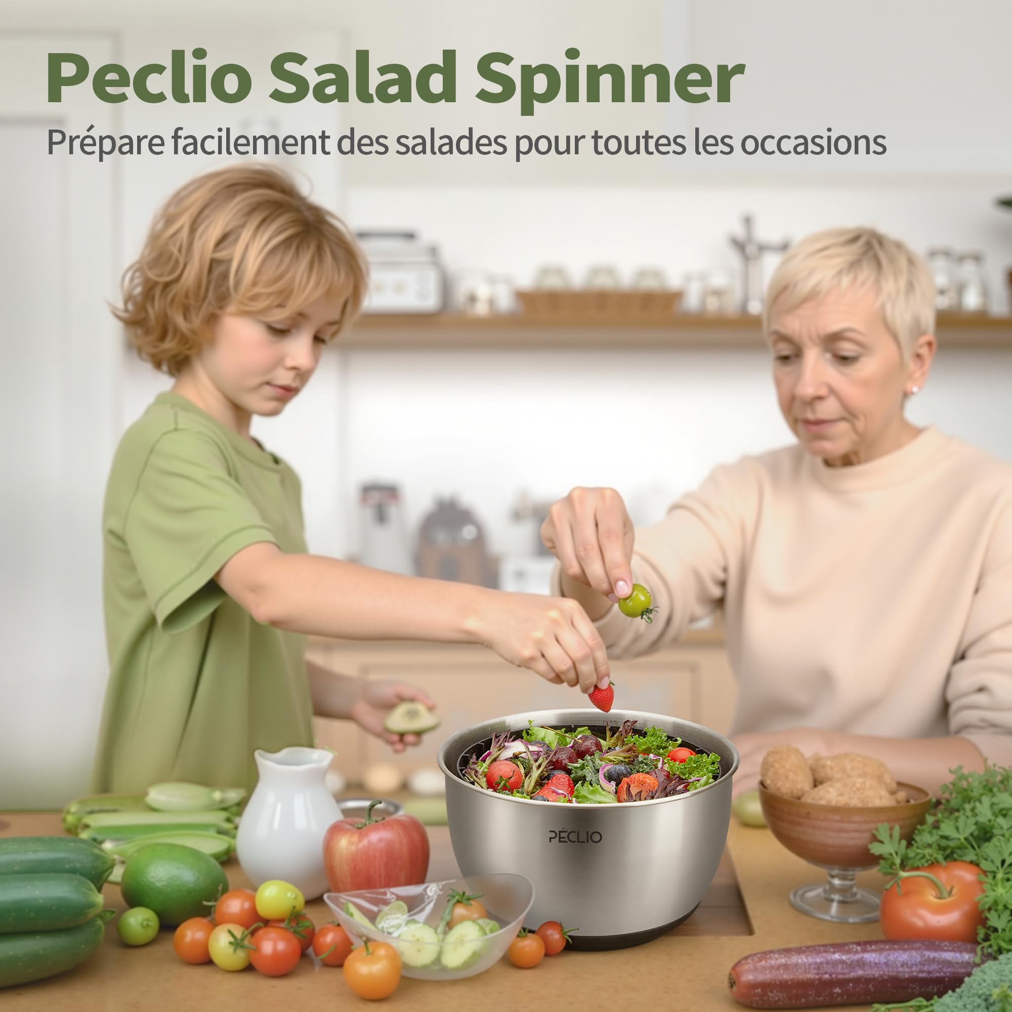 Grande Essoreuse à salade 4,5L en acier inoxydable 18/10 de haute qualité avec couvercle transparent, fond antidérapant - Salad Spinner avec mécanisme à manivelle - Sans BPA et passe au