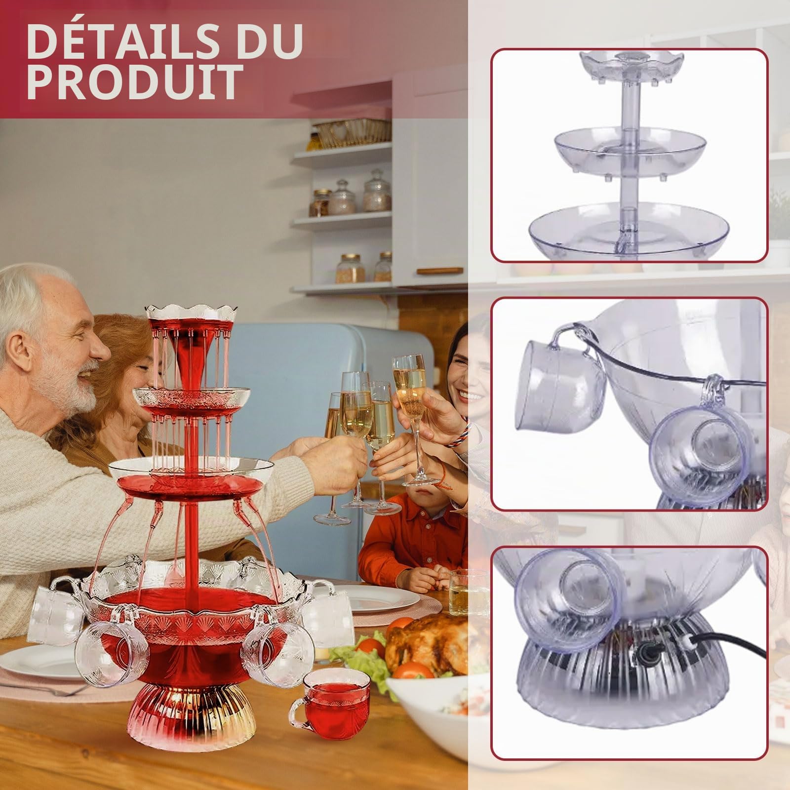 Fontaine de fête transparente à 3 niveaux, 4 l, avec 5 gobelets réutilisables, en acrylique, socle éclairé par LED, pour pubs, fêtes à la maison