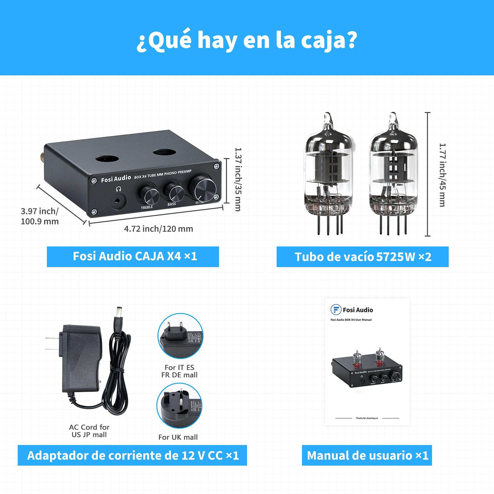Fosi Audio Box X4 Phono Preamp Amplificador de Auriculares/Preamplificador Hi-Fi Pre Amp con 5725W Tubos de vacío para MM Tocadiscos Fonógrafo Tocadiscos con Control de Volumen Bass Treble