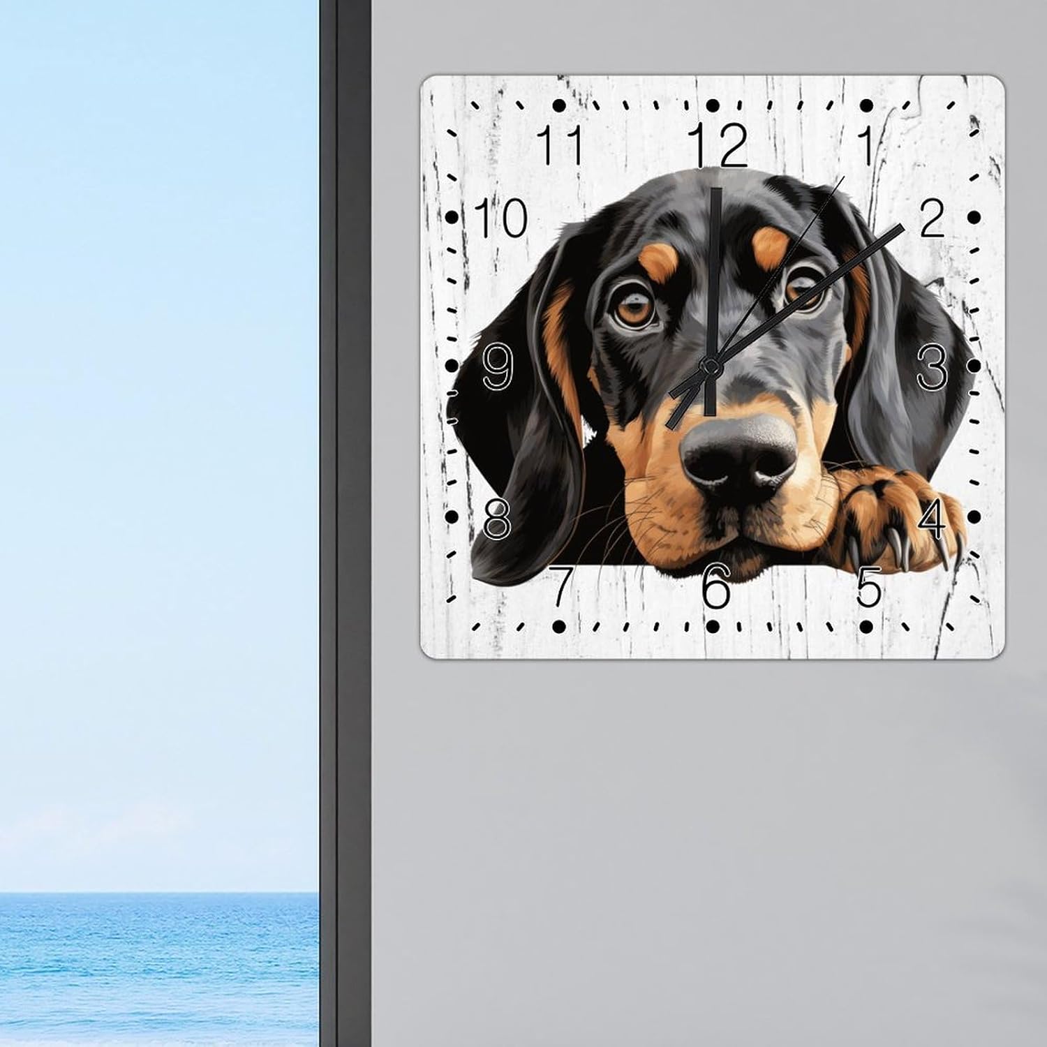 Clock Black and Tan Coonhound Art Clock Cute Funny Peeking Dog Puppy Hanging Wall Clocks Non-Ticking Battery Operated Square Clock Pet Lover's Gift Clocks for Living Room 15x15in