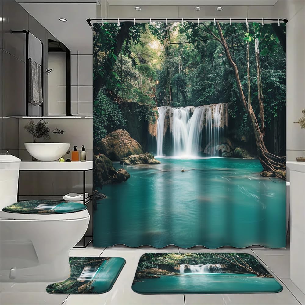 Waterfall View Waterproof Shower Curtain Set (72x72 Inch) with Non-Slip Bath Rugs, 4 Piece Natural Spring Forest River Bathroom Set Includes U-Shaped Mat & Toilet Seat Cover