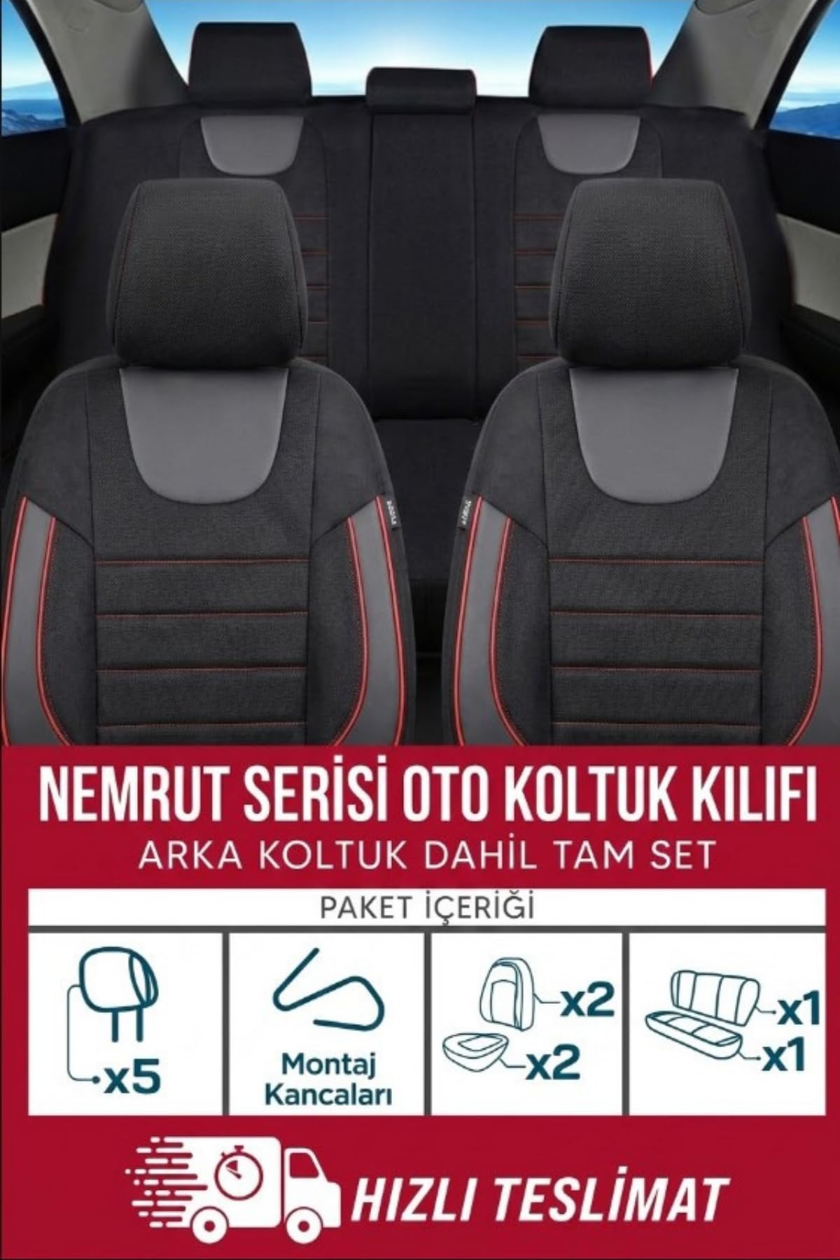Nemrut Serisi Lakost Kumaş Universal Oto Koltuk Kılıfı Tam Set (Siyah Kırmızı)