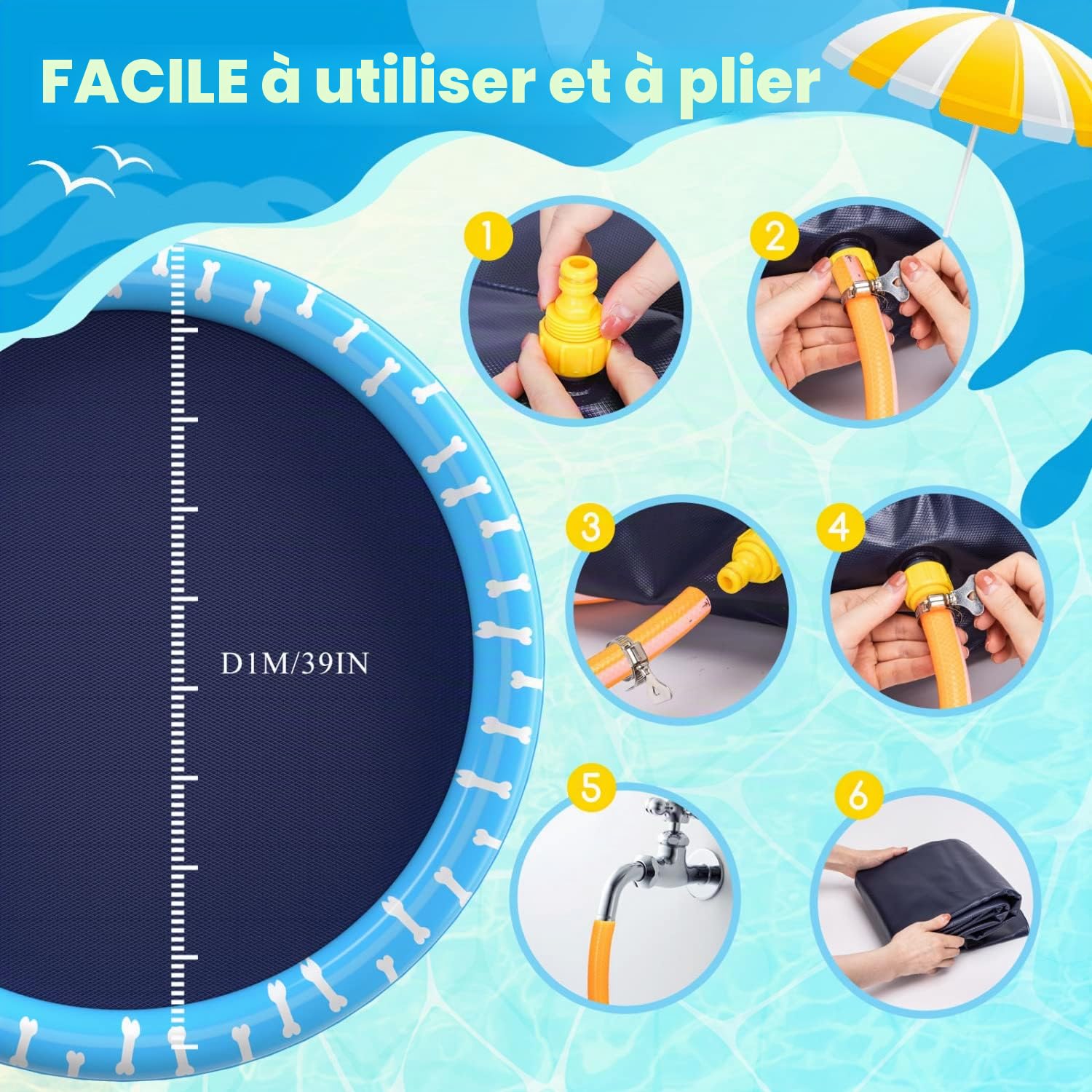 Nobleza Piscine pour Chiens, D100cm/39in, 0.55cm Épaississant Tapis de Jeu d'eau pour Chiens avec Éclaboussures et Antidérapant, Jouet de Jardin Portable Durable