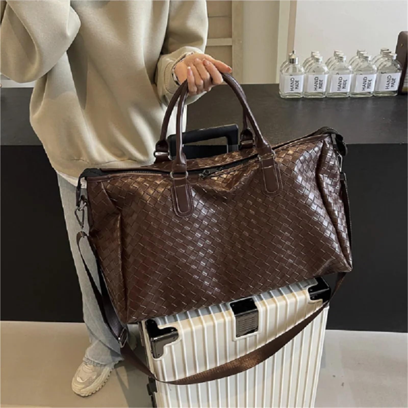 Borsa da Viaggio in Pelle Uomo Donna Moda Tessitura PU Pelle Viaggio Borsone Tote Grande capacità Borse a Tracolla Business Casual Borsa a Mano(Brown)