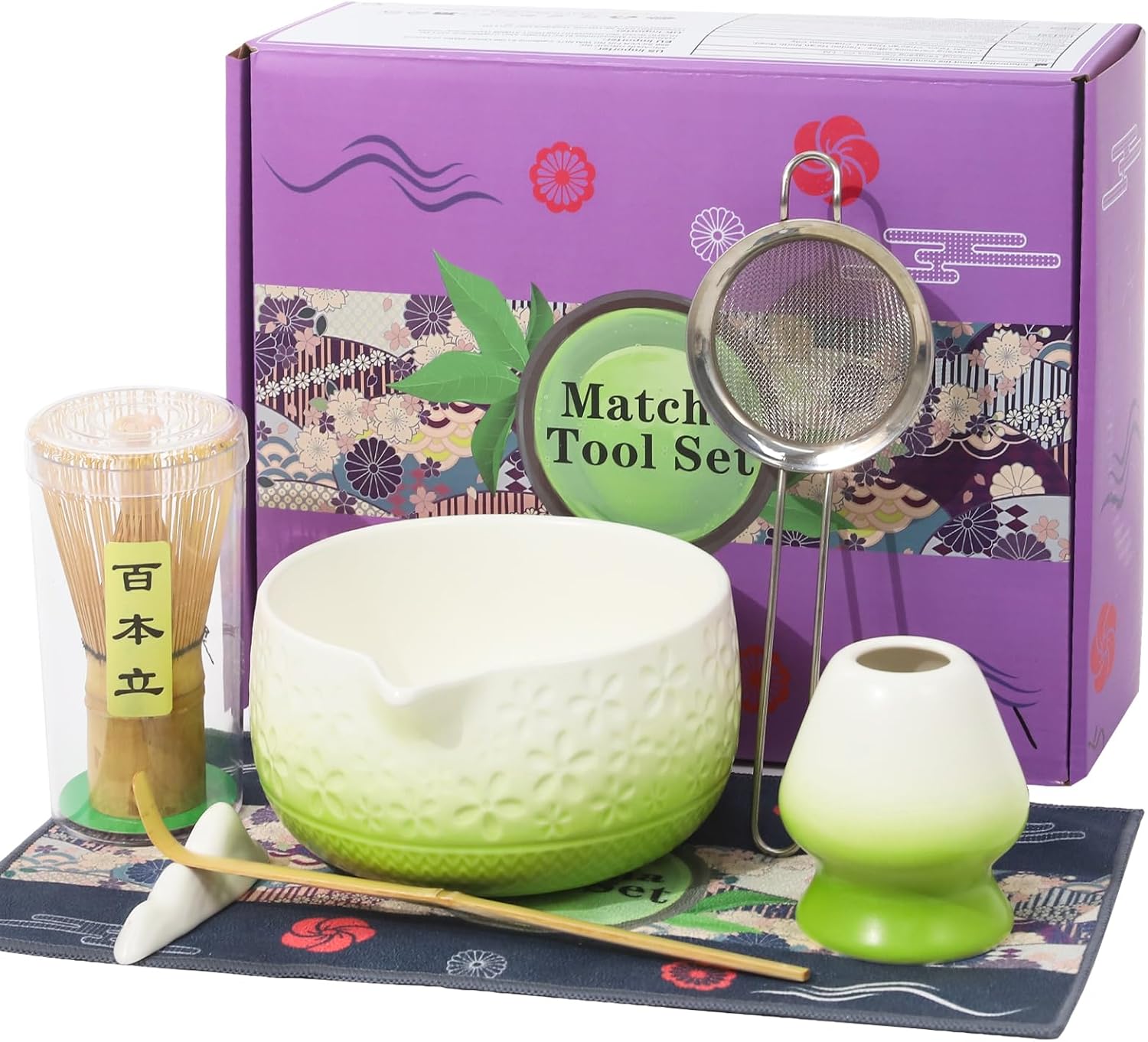 Matcha Whisk Set,7 Pcs Matcha Set, Matcha Set Whisk and Ceramic Bowl Kit for Ceremony, Matcha Tea Set with Bamboo Whisk, Sifter, Bamboo Scoop and Holder and Accessories, Gift for Matcha Lover-Green