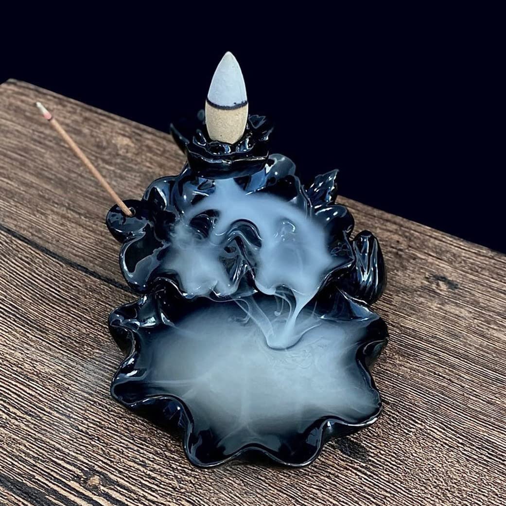 Brûleur d'encens backflow Zen Lotus en céramique marron et noir pour cônes et bâtonnets