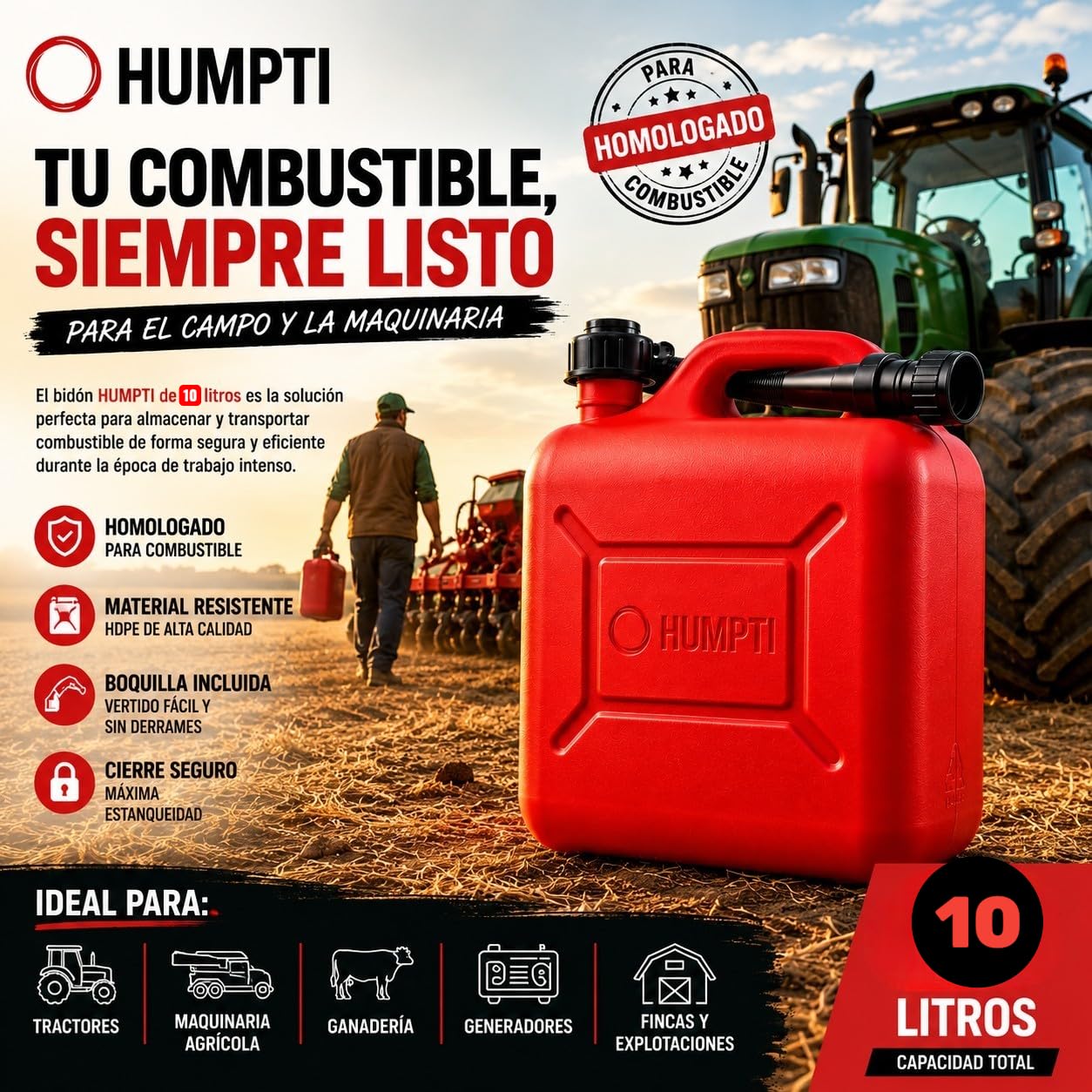 Garrafa Gasolina 10L Homologada Pack de 3 - Bidón Combustible Plástico con Visor de Nivel - Bidones para Gasolina y Gasoil Homologados 30 Litros