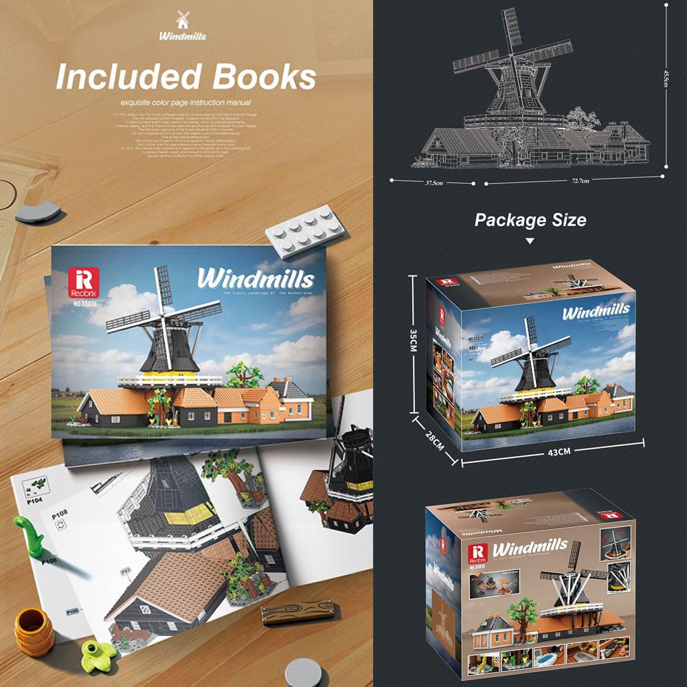 KYLON Architecture Niederlande Windmühle 55019 Modell, 4801+ TeiIe Klemmbausteine Architectur Windmühle groß ModeIbau für Erwachsene, Mit Originalverpackung