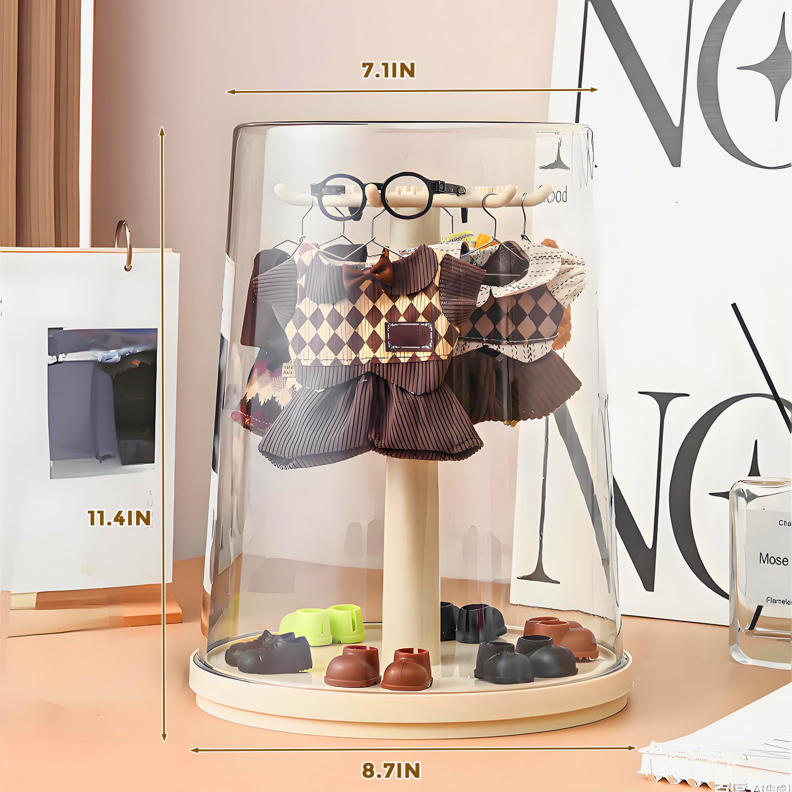 Organizador giratorio de ropa de muñeca con perchas, armario transparente de 360°, estante de exhibición de ropa de gran capacidad con tapa extraíble
