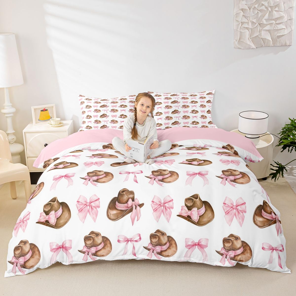 Housse de couette chapeau de cowboy rose parure de lit 2 personnes
