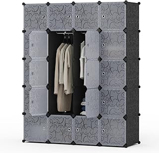 Mondeer Armario Modular de Plástico, 20 Cubos de 35x45cm Armario de Ropa con 3 Rieles para Colgar Ropa, para Guardar Ropa Zapatos Juguetes en el Dormitorio, Blanco y Negro, 145x181x47cm
