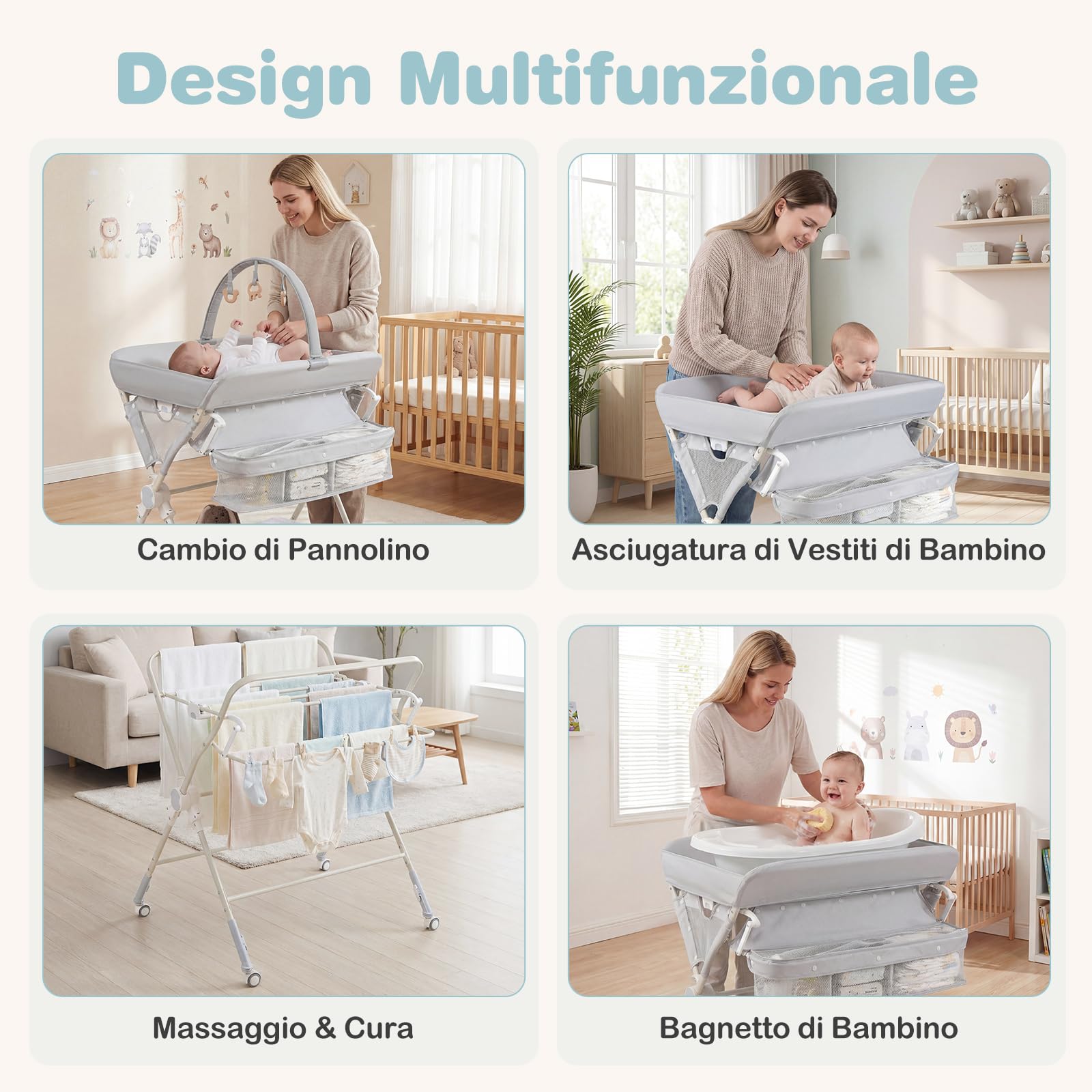 COSTWAY Fasciatoio Pieghevole per Bambini, Fasciatoio Portatile con Ruote, Altezza Regolabile, Piattaforma Rimovibile, con Barra Giocattoli, Stendino, Misuratore, Cestini, Portata 25 kg